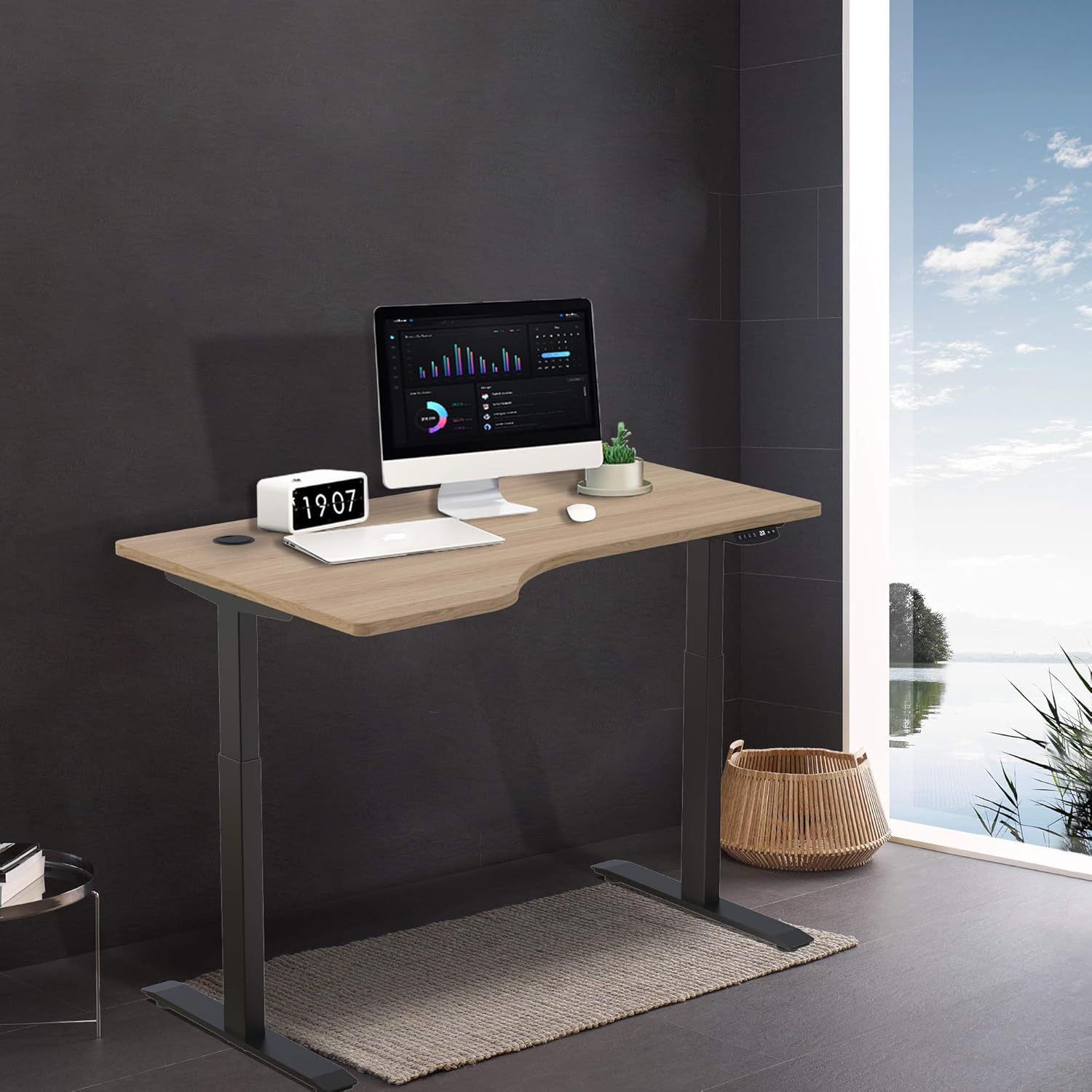 Hi5 Electric Height Adjustable Desk with Dual Motor L-Shaped 55 x 32.6 Inches Sit Standing Desk Home Office Workstation Adjustable Table with Oak Top+Black Frame