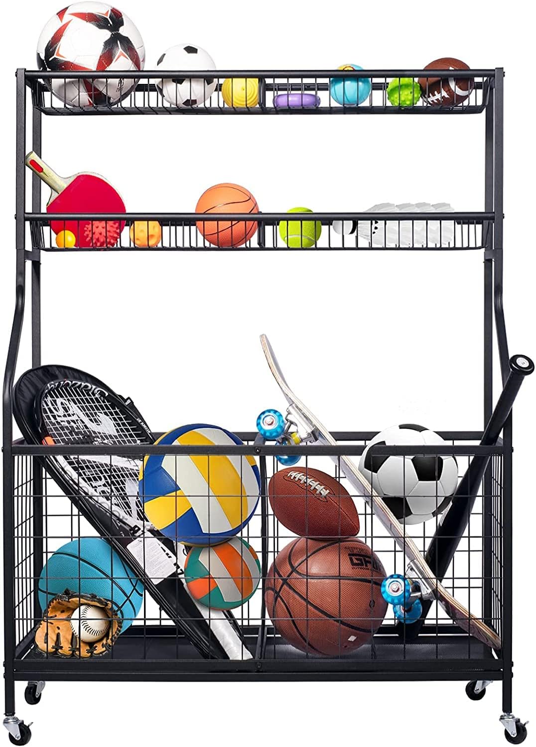 Garage Sports Equipment Storage Organizer, Ball Storage Rack, Garage Balls Organizer, Ball Rack with Baskets and Hooks, Rolling Sports Ball Storage Cart, Sports Gear Storage for basketballs footballs