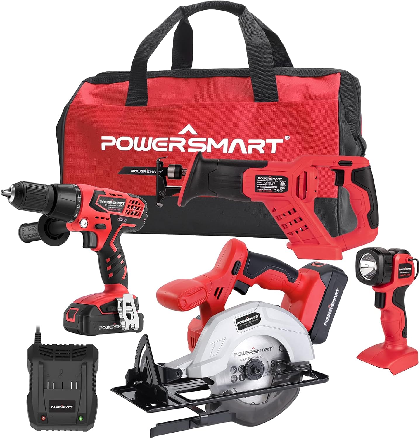 PowerSmart 20V Max Power Tool Combo Kits, Cordless Drill Set Compact Driver, Circular Saw, Reciprocating Saw, LED Flashlight, Saw Combo Kits With 2 Lithium-Ion Batteries included, 4-Tool