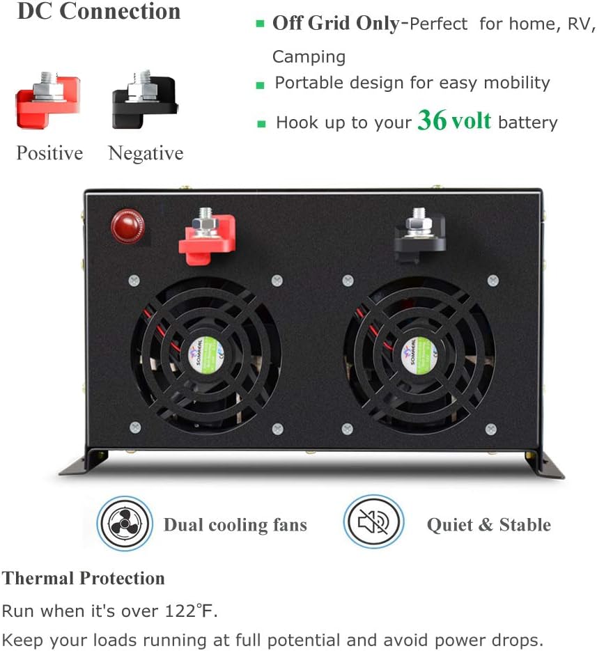 WZRELB 8000 Watt Max Continuous Power 16000 Watt Peak Heavy Duty Pure Sine Wave Inverter 36V DC to 120V AC 60HZ Truck/RV Converter Solar & Wind Power Supply for Home Camping Van