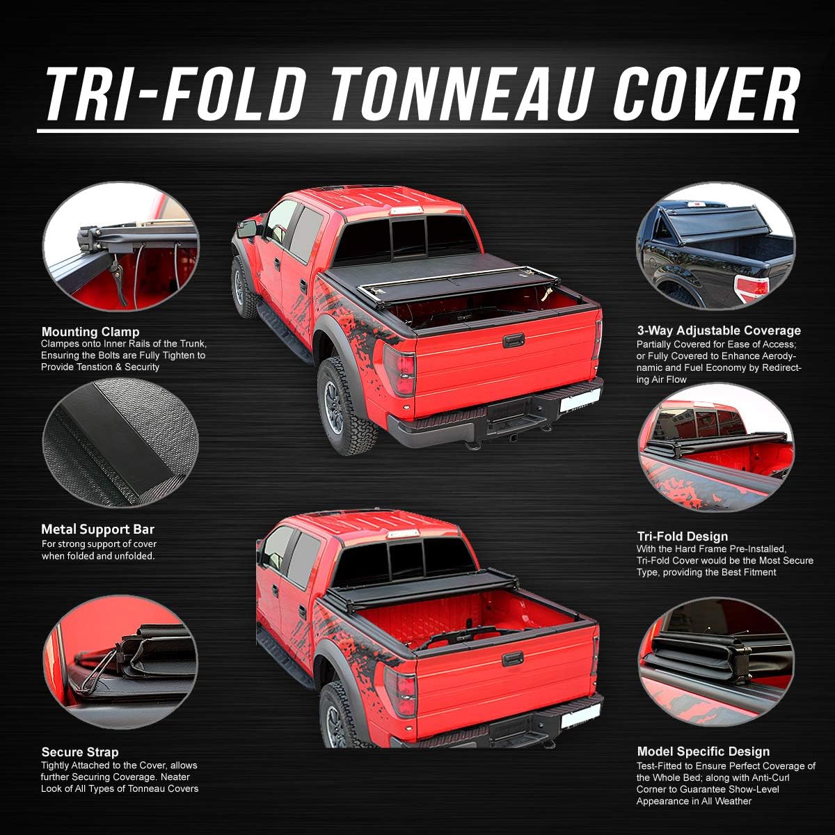 Vinyl Soft Top Tri-Fold Adjustable Truck Tonneau Cover Compatible with Toyota Tacoma 5Ft Fleetside/Styleside Bed 16-19, Matte Black