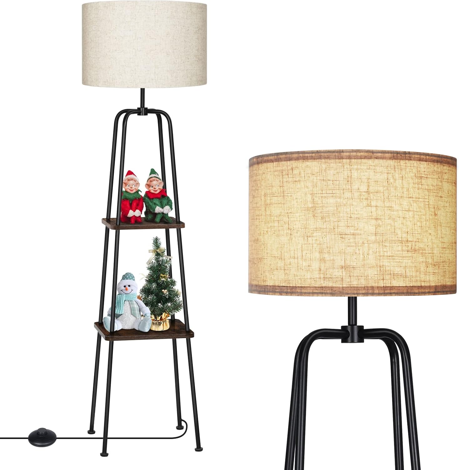 DEWENWILS 60 inch Modern Black Floor Lamp with Shelves, 2-Tier Display Shelf, Reading Lamp with Fabric Linen Drum Shade, Standing Storage Lamp for Living Room, Bedroom, Office