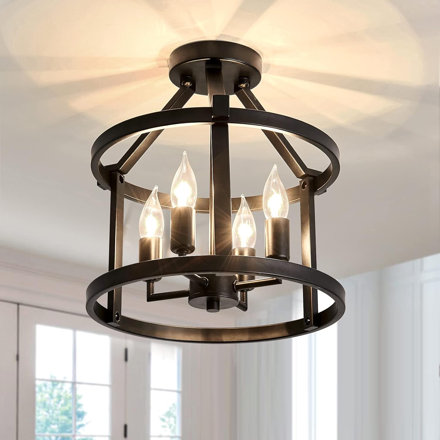 UOFUS Metal Semi Flush Mount Ceiling Light Fixture ，4 Candle Holder Matte Chandelier ，Farmhouse Ceiling Lamp for Dining Room Bedroom Kitchen Hallway Entryway（Black）