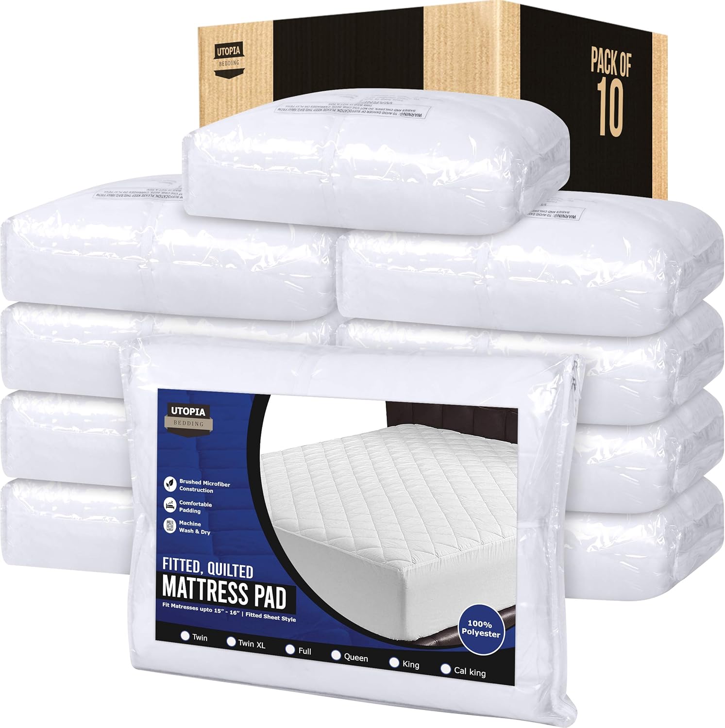 Utopia Bedding Quilted Fitted Mattress Pad - Elastic Fitted Mattress Protector - Mattress Cover Stretches up to 16 Inches Deep - Machine Washable Mattress Topper (Bulk Pack of 10,California King)