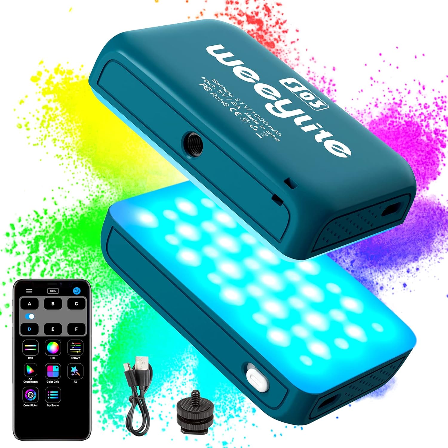 Weeylite S03 RGB Video Light, Portable Pocket LED On Camera Light 360° Full Color RGB Photography Lighting, Rechargeable RGB LED Video Panel Light with CRI 95+ 2800-6800K for Photoshoot/Vlog/YouTube Pack of 2
