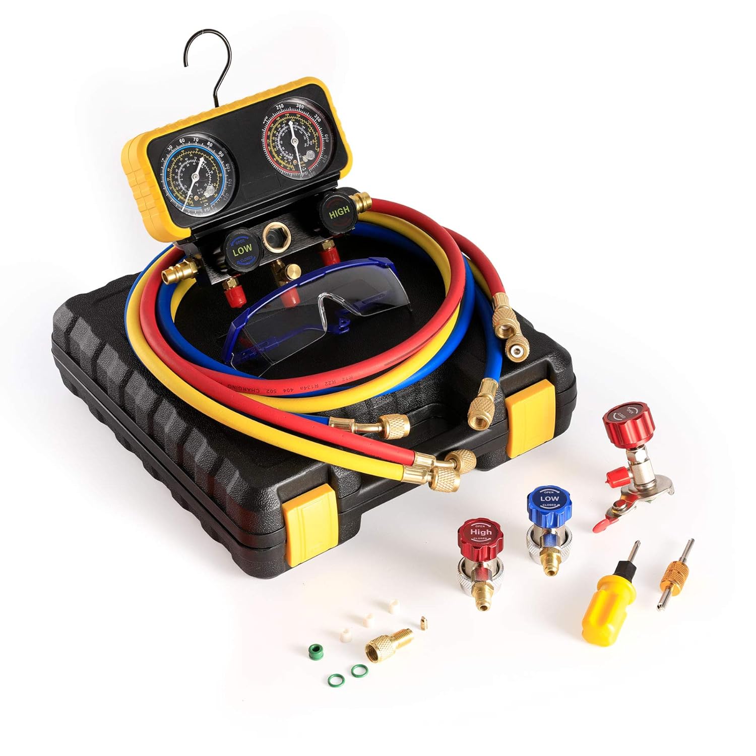 Orion Motor Tech AC Manifold Gauge Set for R134a R12 R22 R502 Refrigerants, Automotive AC Gauge Set, Precision Refrigerant Gauge Kit with 5' Hose, Tank AC Adapters, Adjustable Couplers, Can Tap