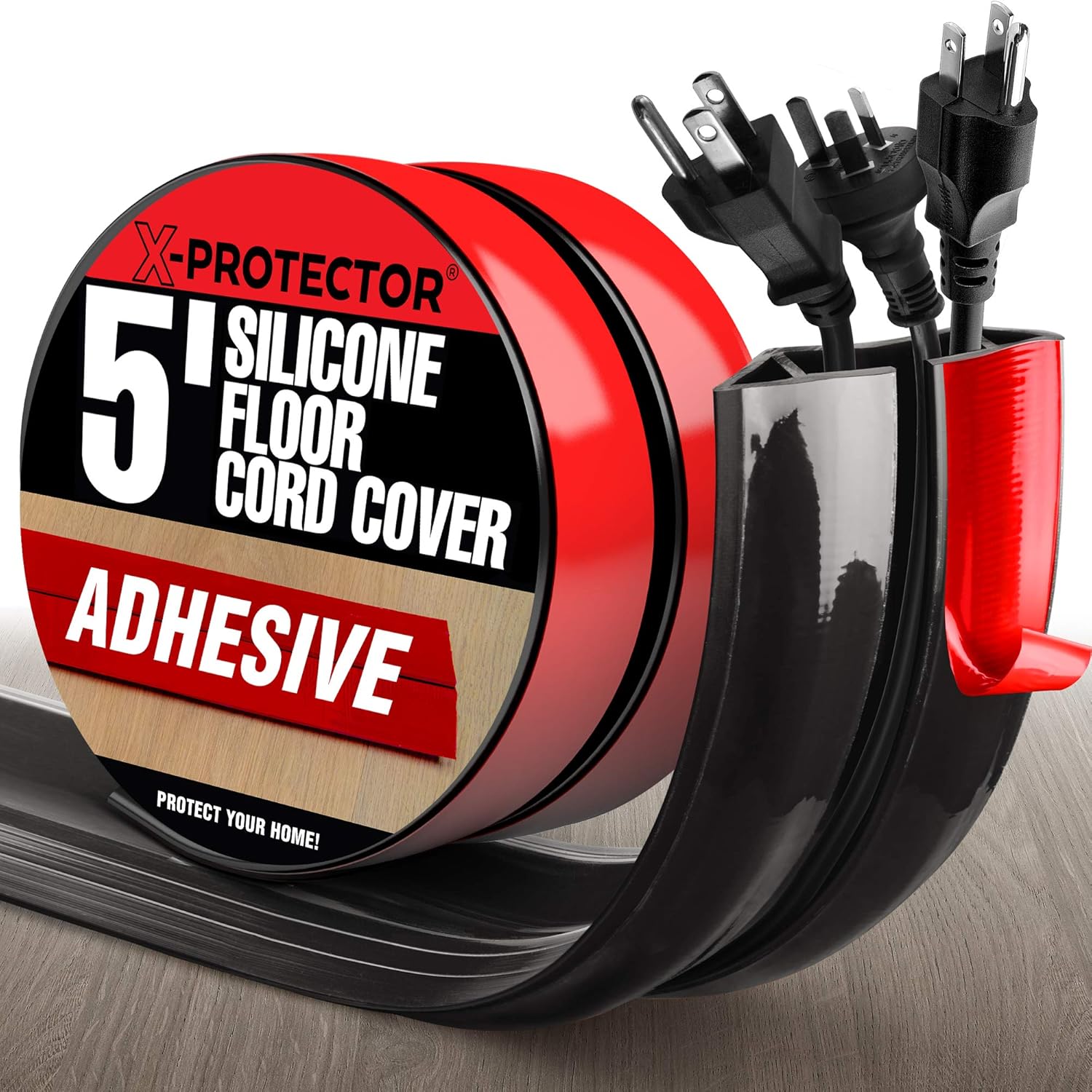 Floor Cord Cover by X-Protector – 5’ Overfloor Cord Protector – Self-Adhesive Power Cable Protector – Silicone Cord Protector – Ideal Extension Cord Cover to Protect Wires On Floor (60 in) Pack of 2