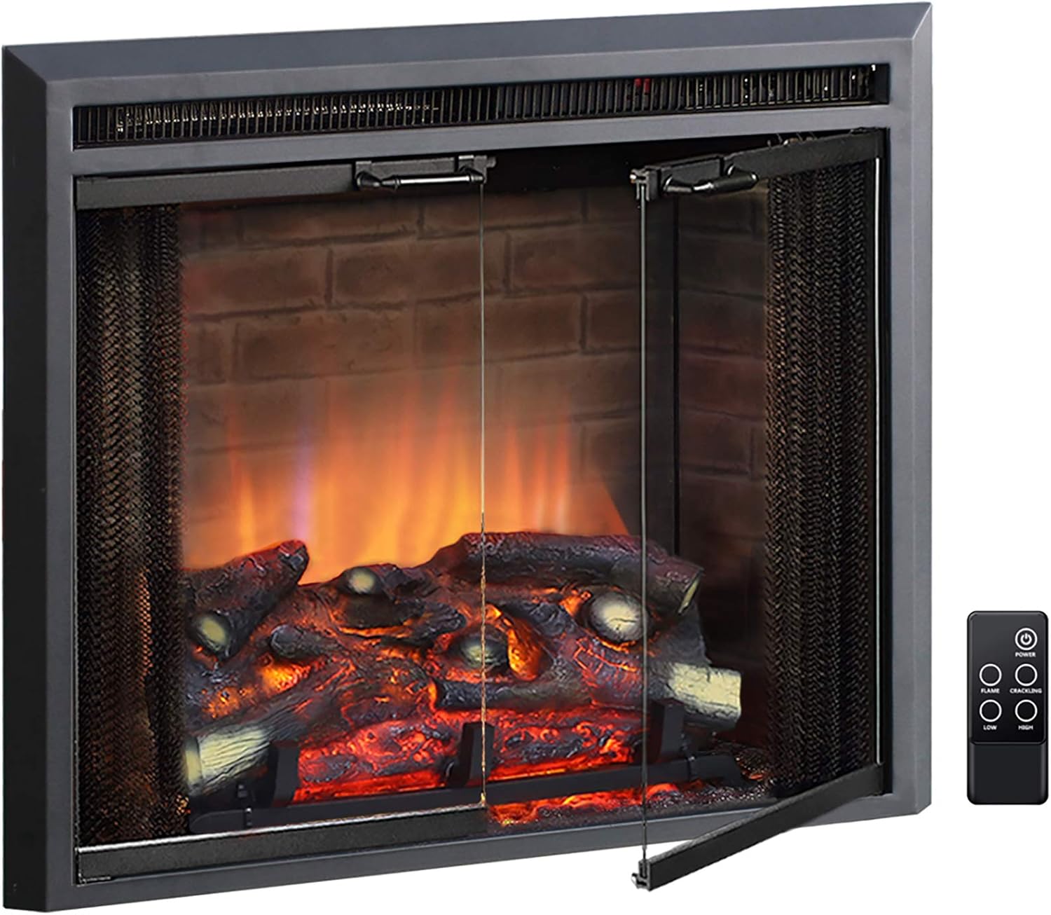 PuraFlame Klaus Electric Fireplace Insert with Fire Crackling Sound, Glass Door and Mesh Screen, 750/1500W, Black, 26 Inches Wide, 23 3/16 Inches High