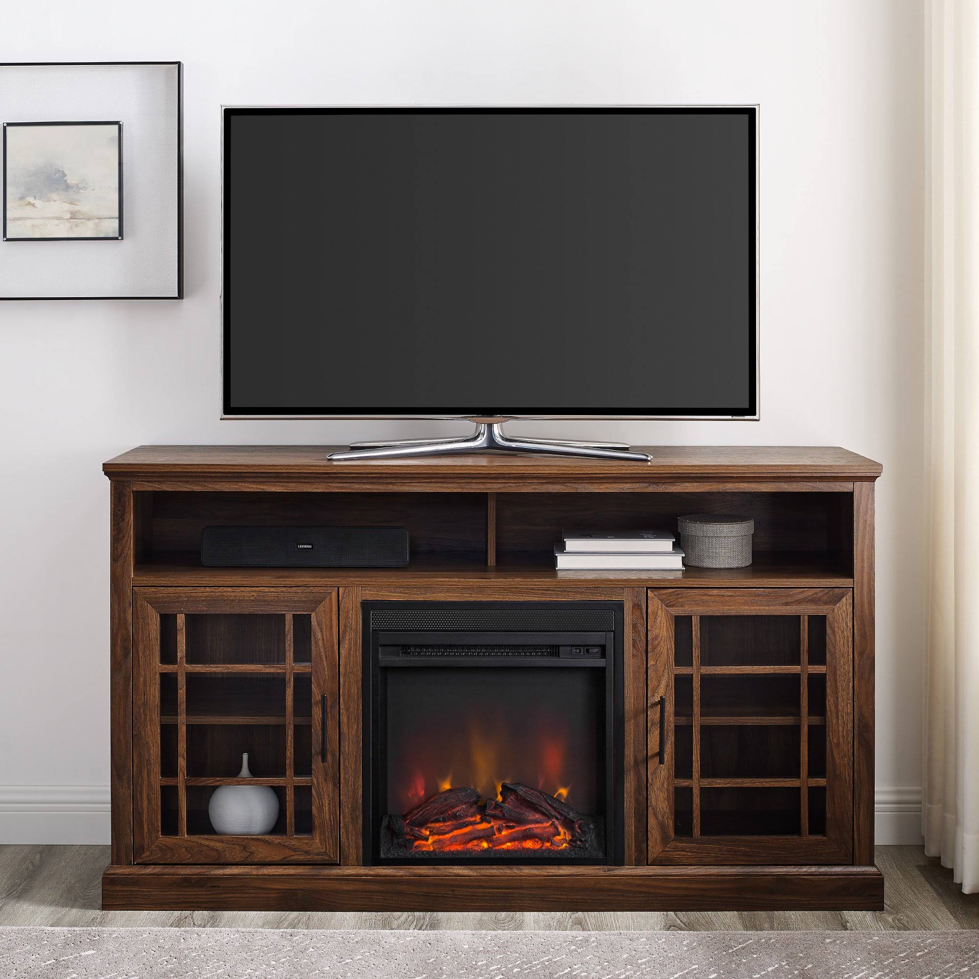 Hazel 58x22 Classic Glass Door Highboy Fireplace TV Stand - Dark Walnut