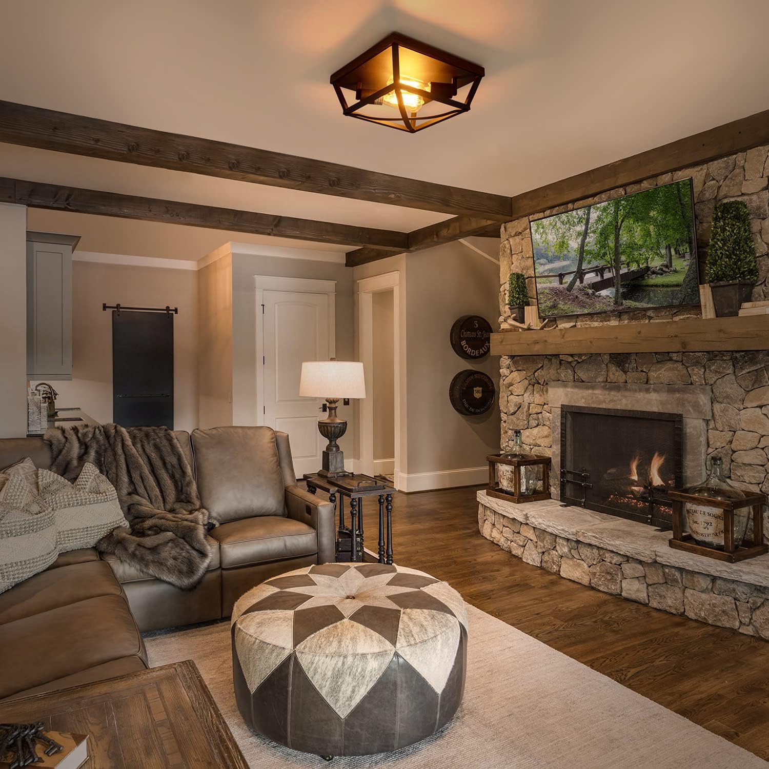 Fanyate Farmhouse Ceiling Light Rustic Flush Mount Ceiling Light Fixture 2-Light Close to Ceiling Light with Wood and Metal for Kitchen Dining Room Living Room Foyer Entryway, Black