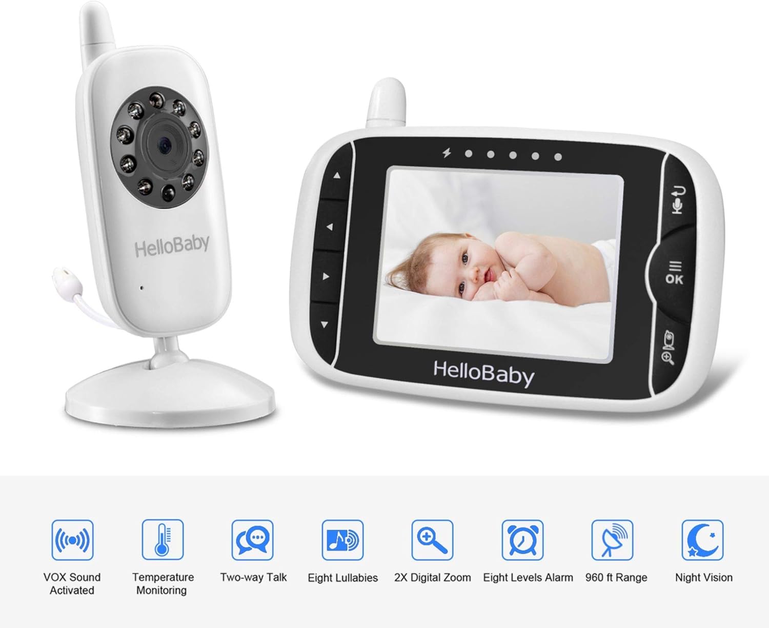 Video Baby Monitor with Camera and Audio | Keep Babies Nursery with Night Vision, Talk Back, Room Temperature, Lullabies, 960ft Range and Long Battery Life Pack of 2