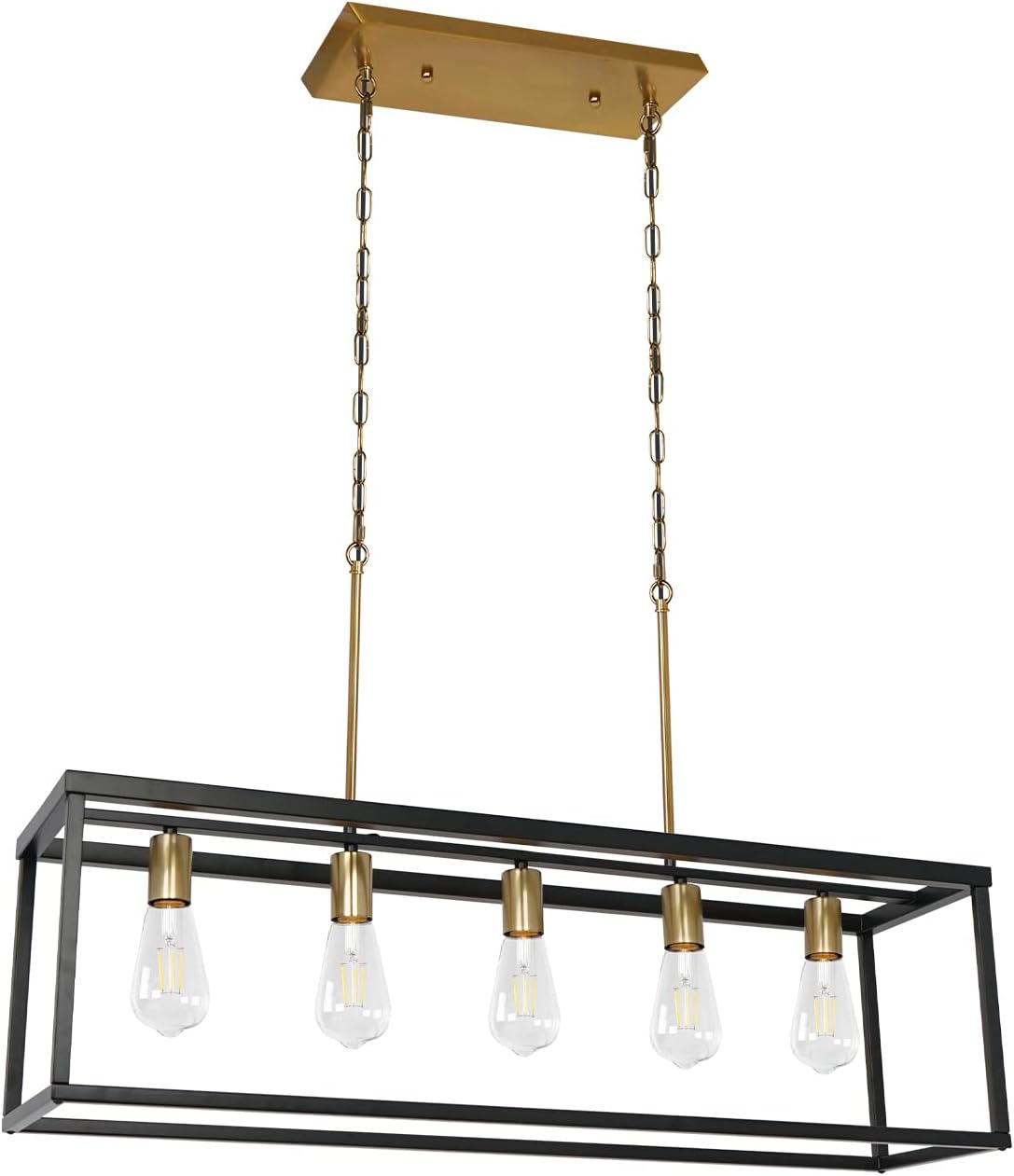 Black Farmhouse Kitchen Island Lighting Modern Linear Chandelier Industrial Dining Room Rectangular Light Fixtures for Living Room Foyer Bar (Black & Brass, 5-Light)