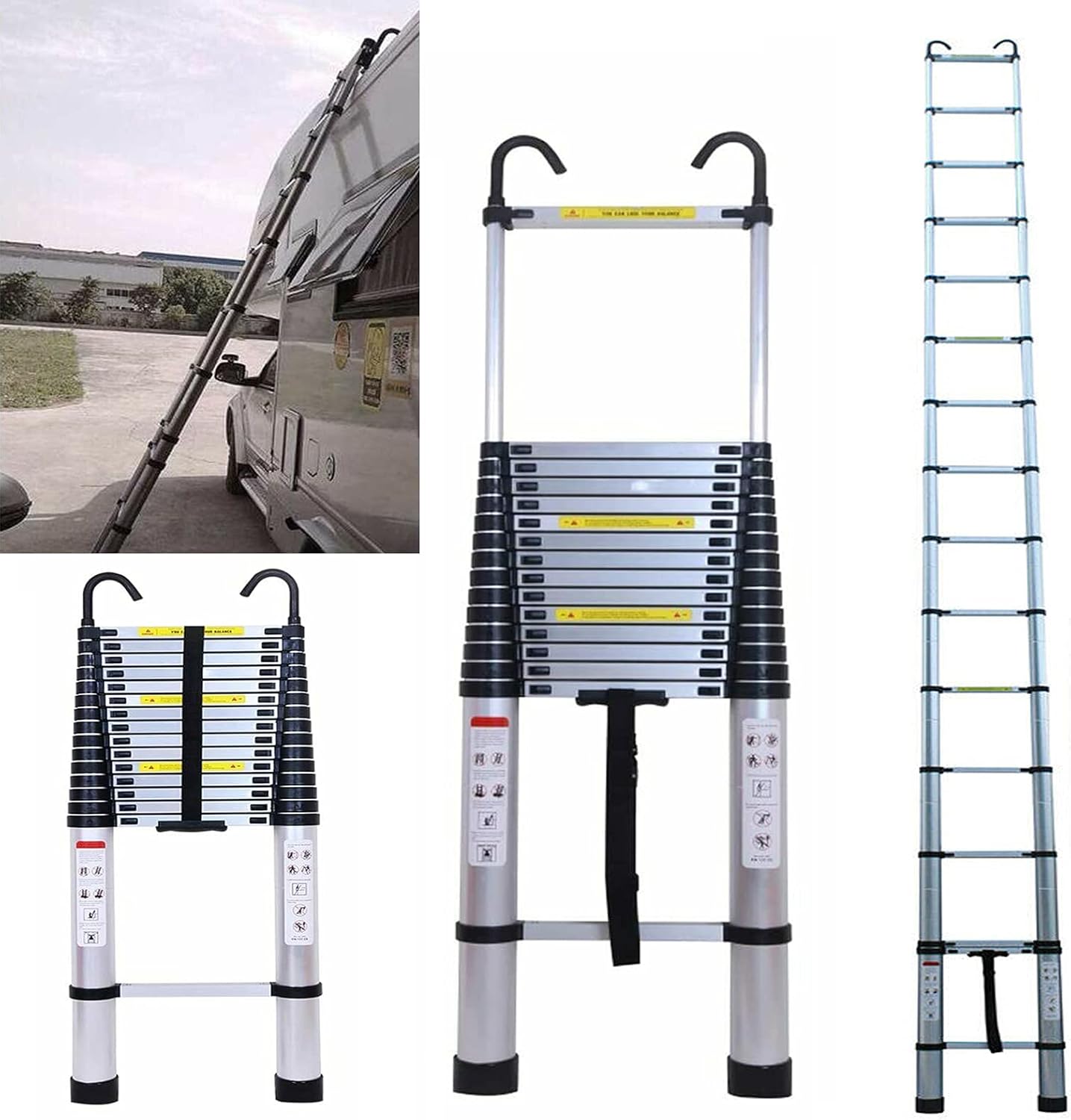 20.34 FT Aluminum Telescoping Ladder with Detachable Hook Extension Ladder Extendable Step Climb Button Retraction Telescopic Compact Ladders for Home Garage Kitchen Clean 330 Pound Capacity