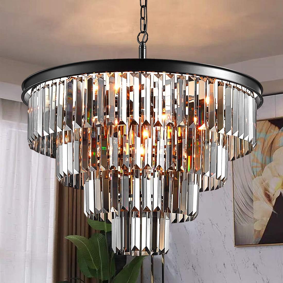 TZOE Luxury Black Smoke Crystal Modern Contemporary Chandeliers Pendant Ceiling Light 4-Tier Chandelier Lighting for Dining Room Living Room Bedroom Girls Room W23.6