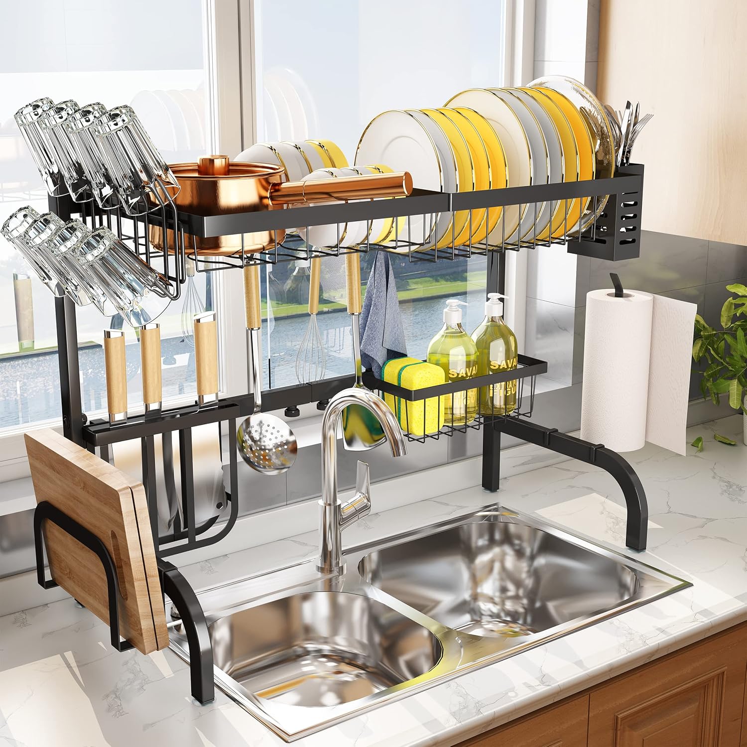 Over The Sink Dish Drying Rack Adjustable (33.94&rdquo;- 40.94&rdquo;), Joly Home 2 Tier Length Expandable Large Dish Drying Rack, Stainless Steel Dish Rack for Kitchen Counter with 5 Utility Hooks