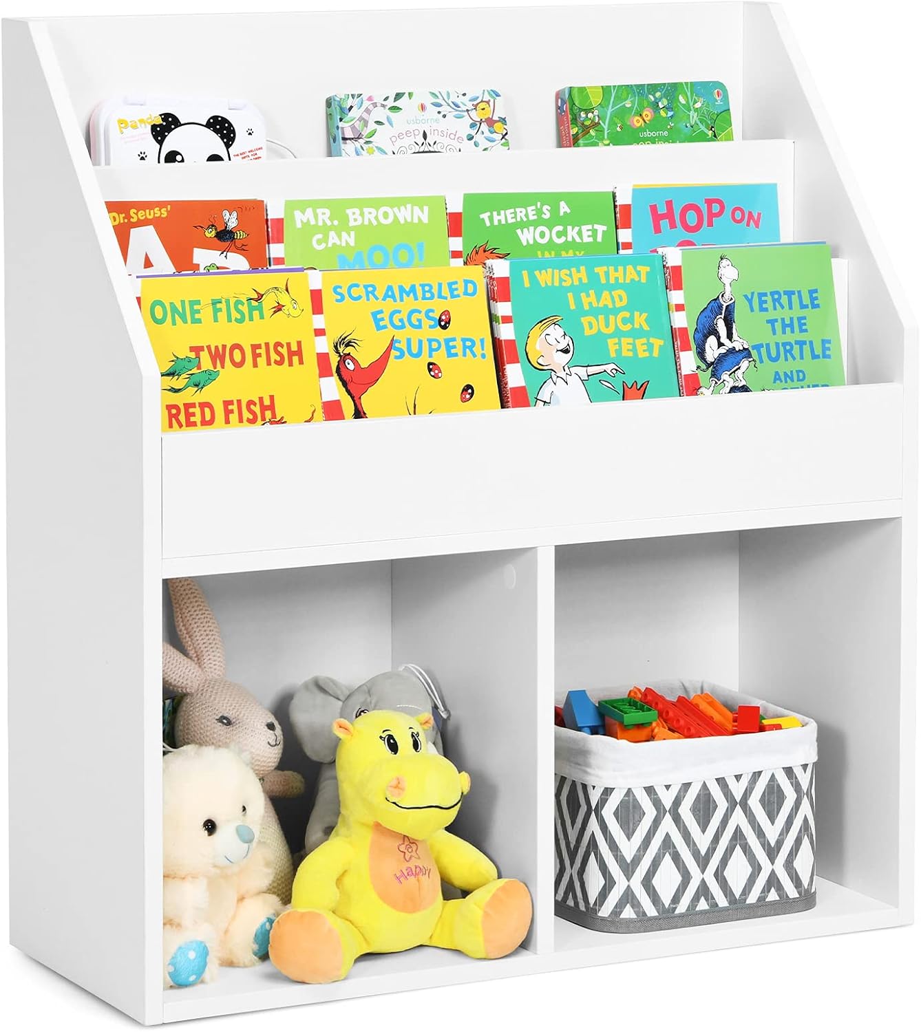 Costzon Kids Bookshelf, Wooden Toy Storage Cabinet Organizer Holder w/Shelves & 2 Large Cubes, 2-in-1 Children Bookcase Display Rack Book Rack for Kids Room, Classroom, Nursery, Kindergarten (White)