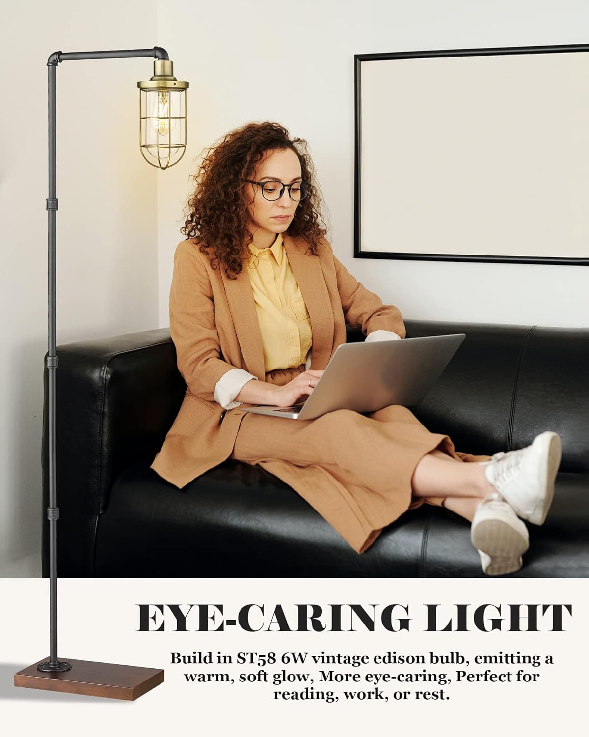 ELYONA Industrial Floor Lamp, Steampunk Office Lamp Metal Pipe Standing Light, Solid Wood Base, Tall Pole Farmhouse Corner Light for Bedroom Livingroom, Edison Bulb Included, Brushed Brass & Black