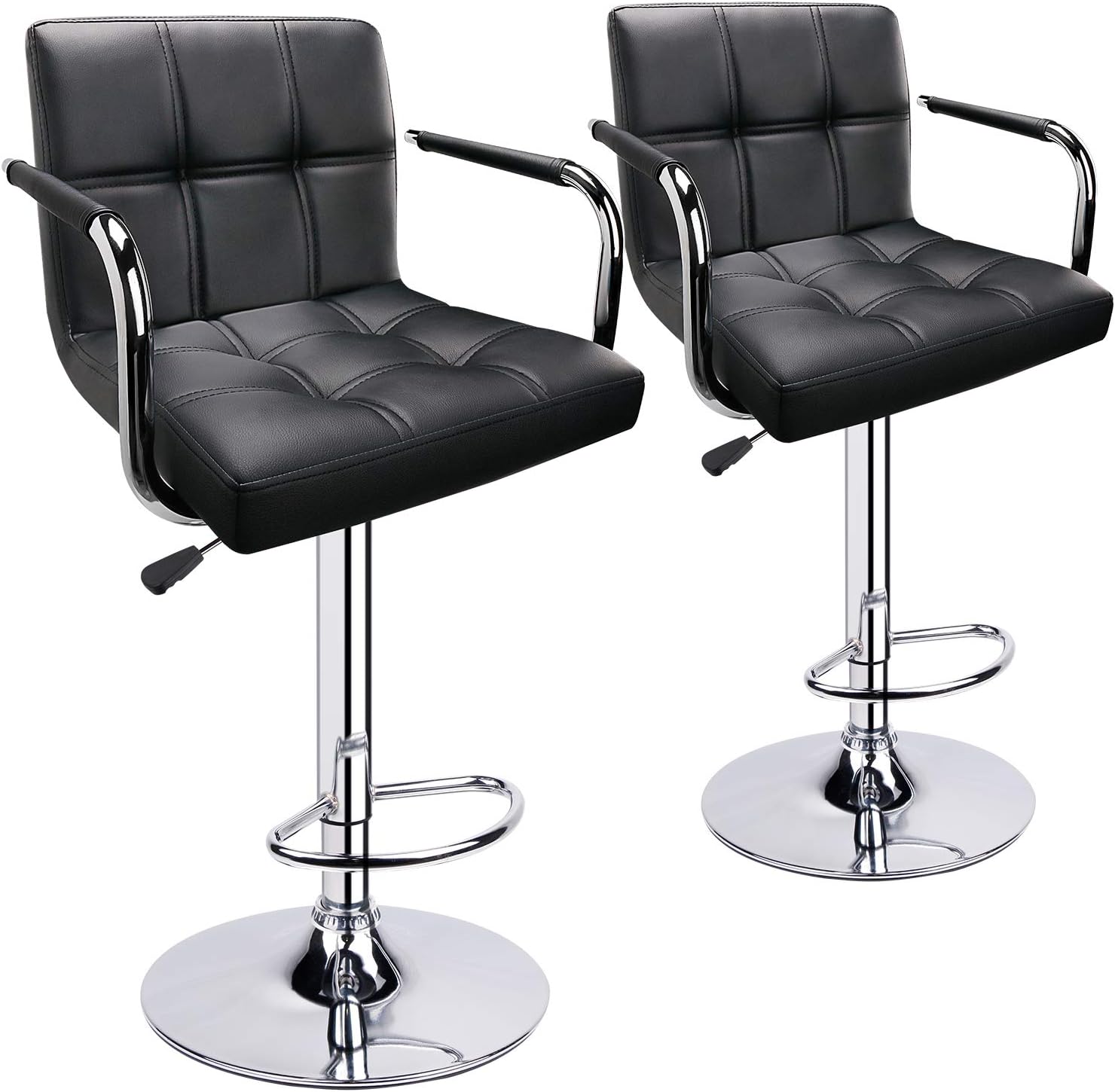 Leopard Adjustable Bar Stools with Armrest, Square Back Swivel Double Stitching with Back Bar Stool, Set of 2 (Light Grey)