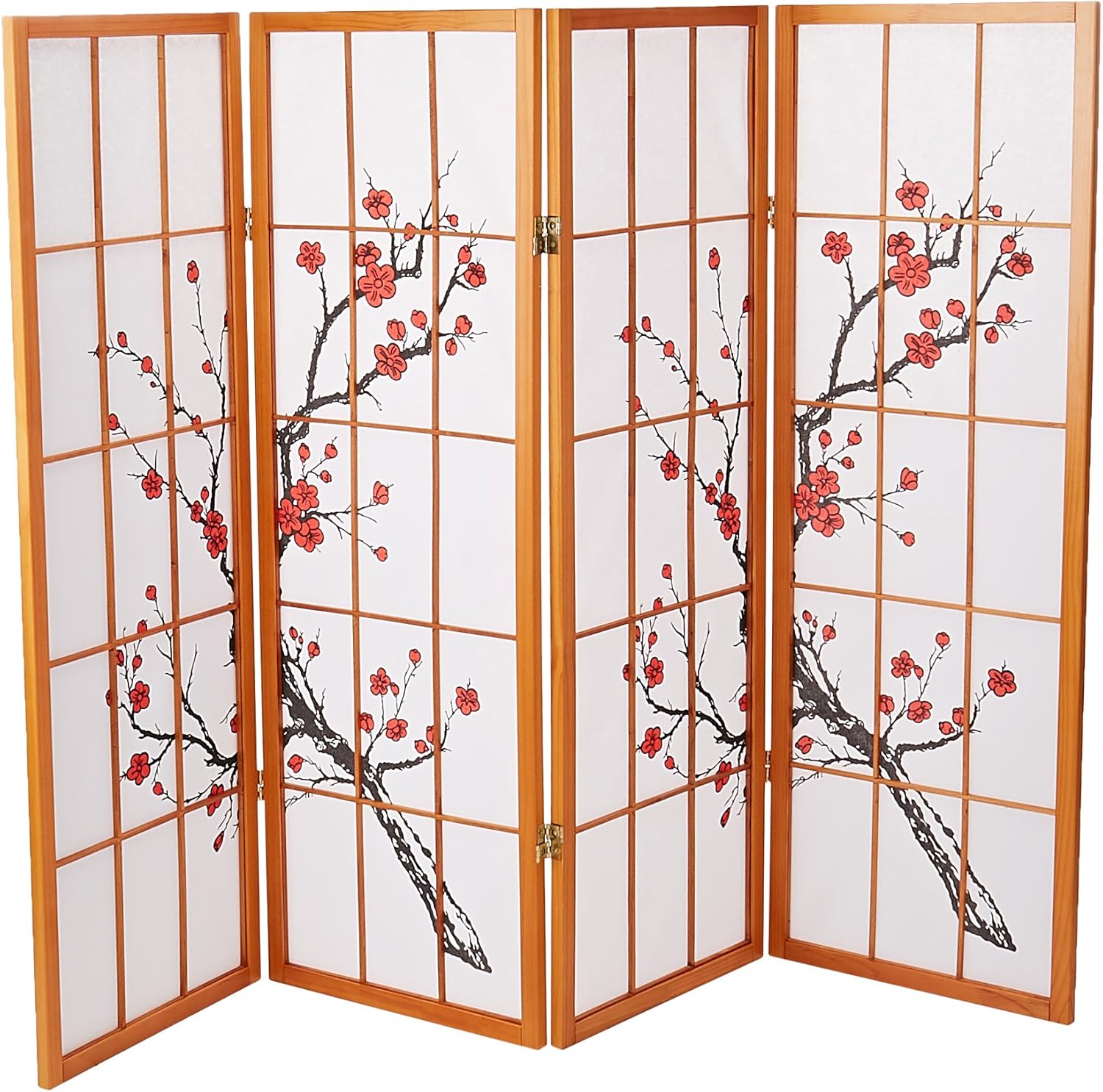 Oriental Furniture 4 ft. Tall Cherry Blossom Shoji Screen - Black - 4 Panels