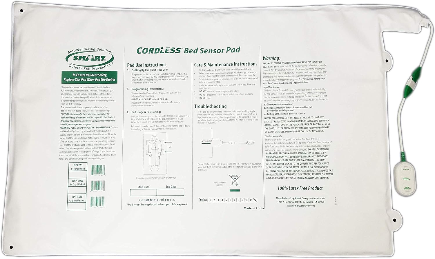 Replacement/Add-on Cordless Bed Sensor Pad - 20in x 30in Works with 433-EC and 433-CMU only Pack of 2