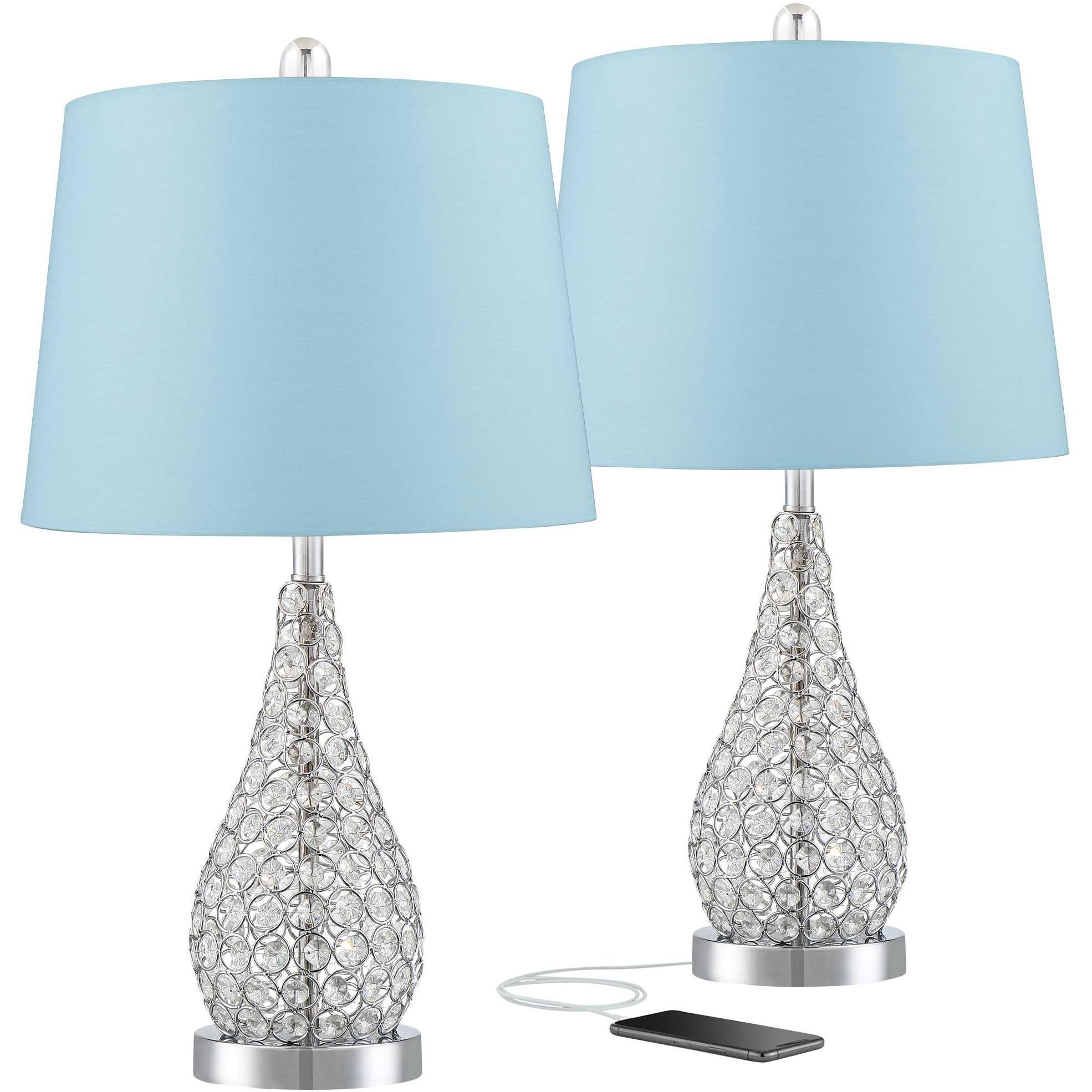360 Lighting Sergio Chrome Blue Hardback USB Accent Table Lamps Set of 2