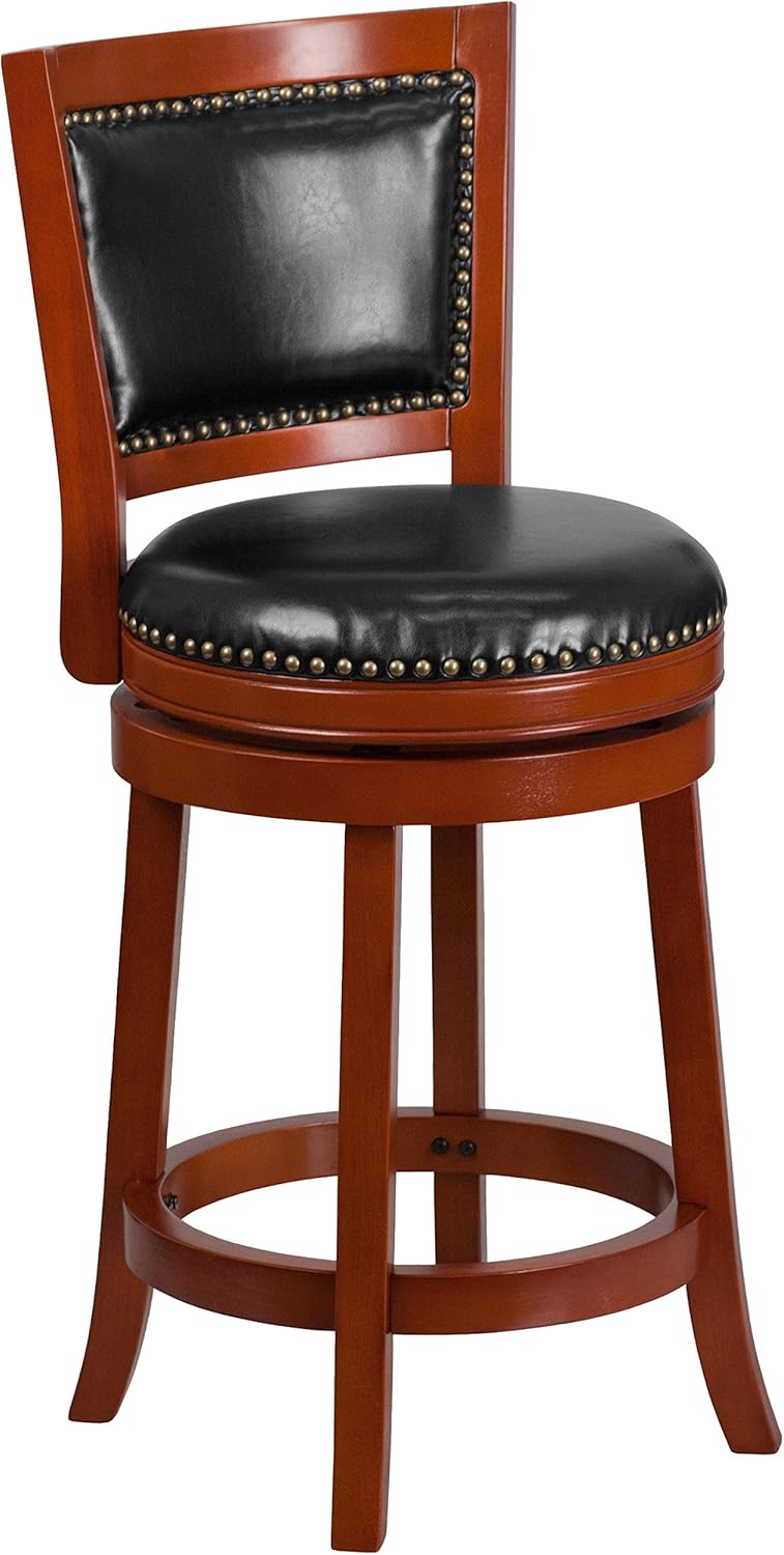 Flash Furniture 26'' High Dark Cherry Wood Counter Height Stool with Open Panel Back and Walnut LeatherSoft Swivel Seat