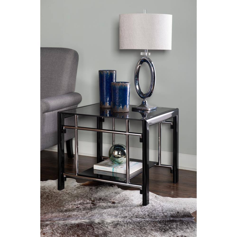 Powell Company Henny Black Glass End Table, Black and Silver