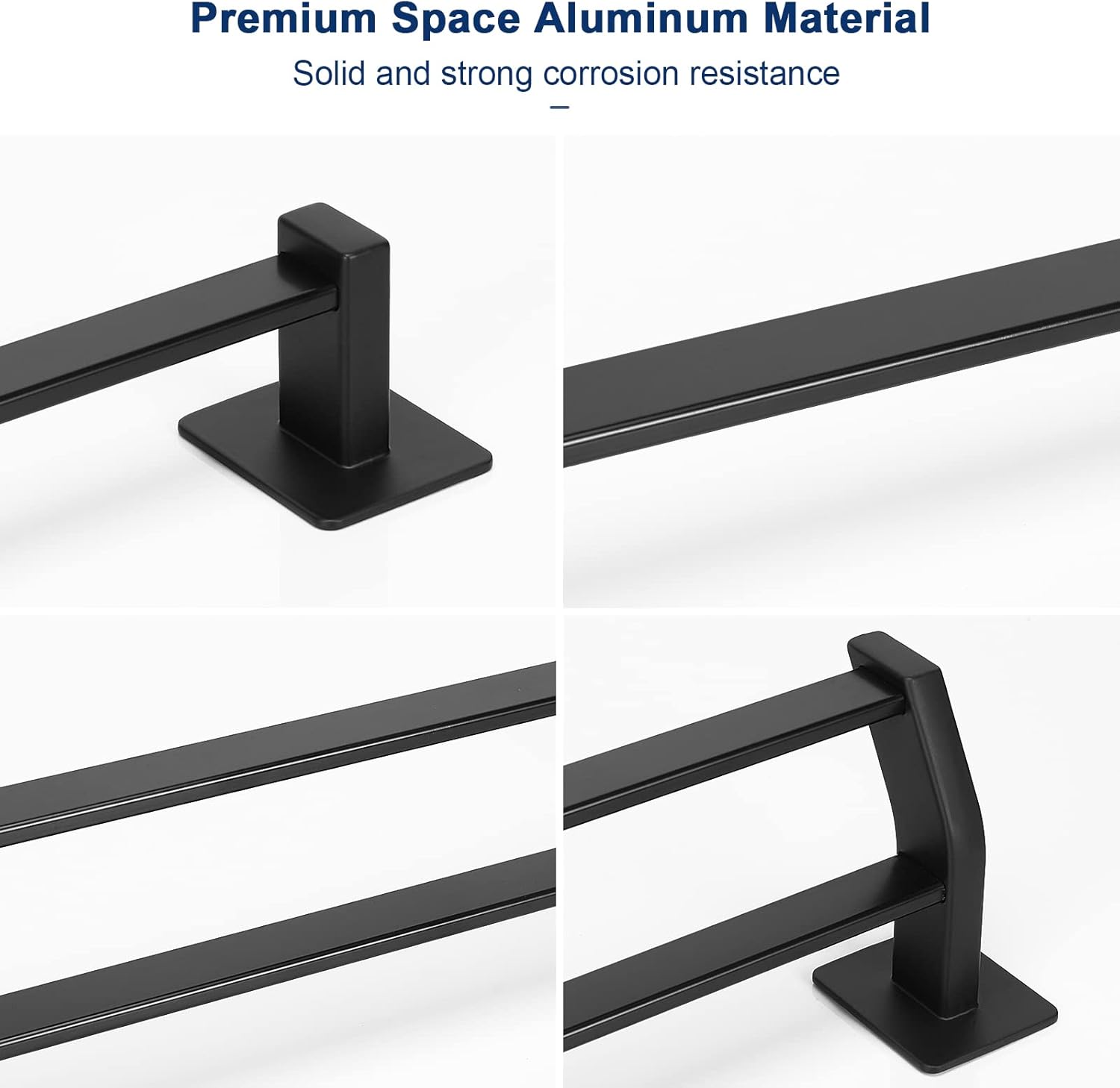 NearMoon 2 Pieces Bathroom Hardware Set, Premium Space Aluminum Single Towel Bar+ Double Towel Holder Rod, Glue Installation Towel Racks No Drill Bathroom Accessories (24 Inch, Matte Black)