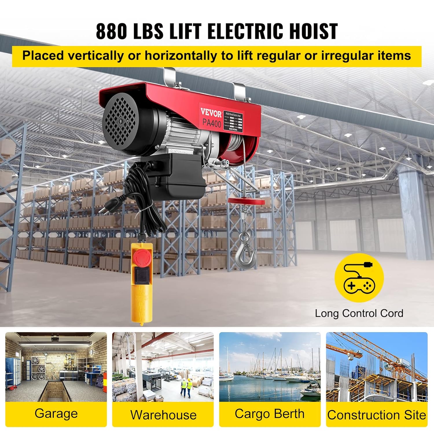 VEVOR Electric Hoist, 880LBS Electric Winch, Steel Electric Lift, 110V Electric Hoist with Remote Control & Single/Double Slings for Lifting in Factories, Warehouses, Construction Site, Mine Filed