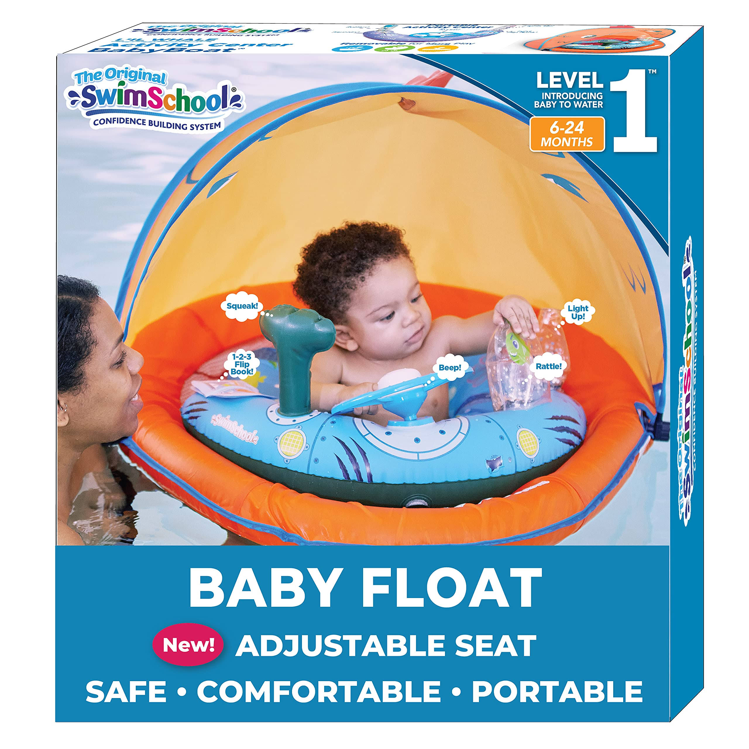 Swimschool Infant Baby Pool Float with 5 Toy Interactive Play CONSOLE, Adjustable Sun Canopy, Safety SEAT, Infant Baby Floatie,