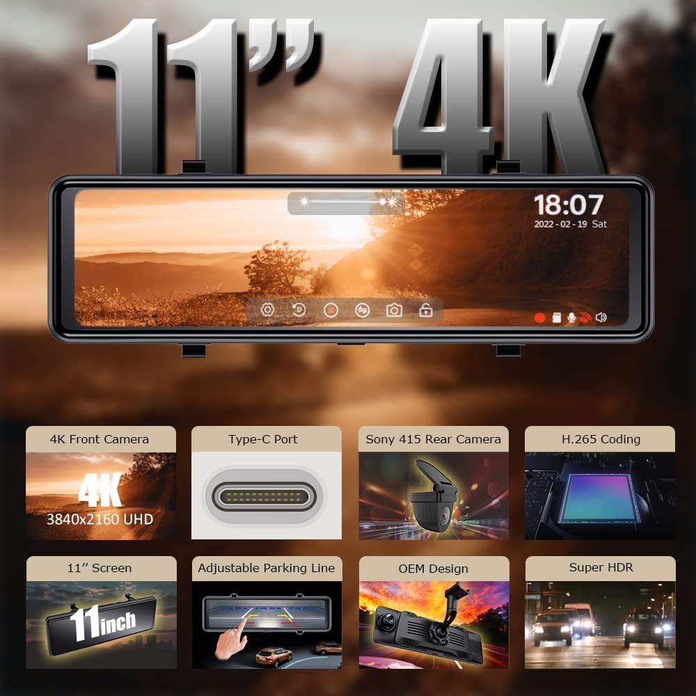 NikoMaku Mirror Dash Cam Front and Rear Backup Camera for Cars 4K Resolution Type-C 11 Inch Screen Full Touch Screen Rear View Mirror Camera 170&deg; Wide Angle Dual Cameras Waterproof AS5 Pro