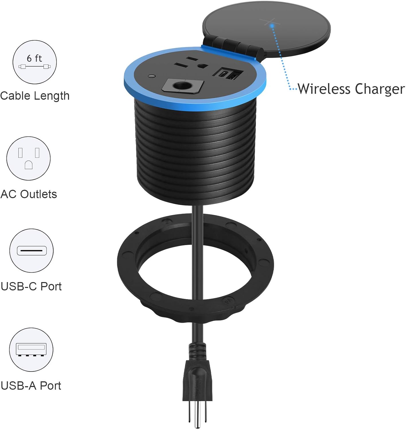 Desktop Power Grommet with Wireless Charger,Desk Outlet Grommet with USB C,Flush-Mount Power Grommet, 3.15