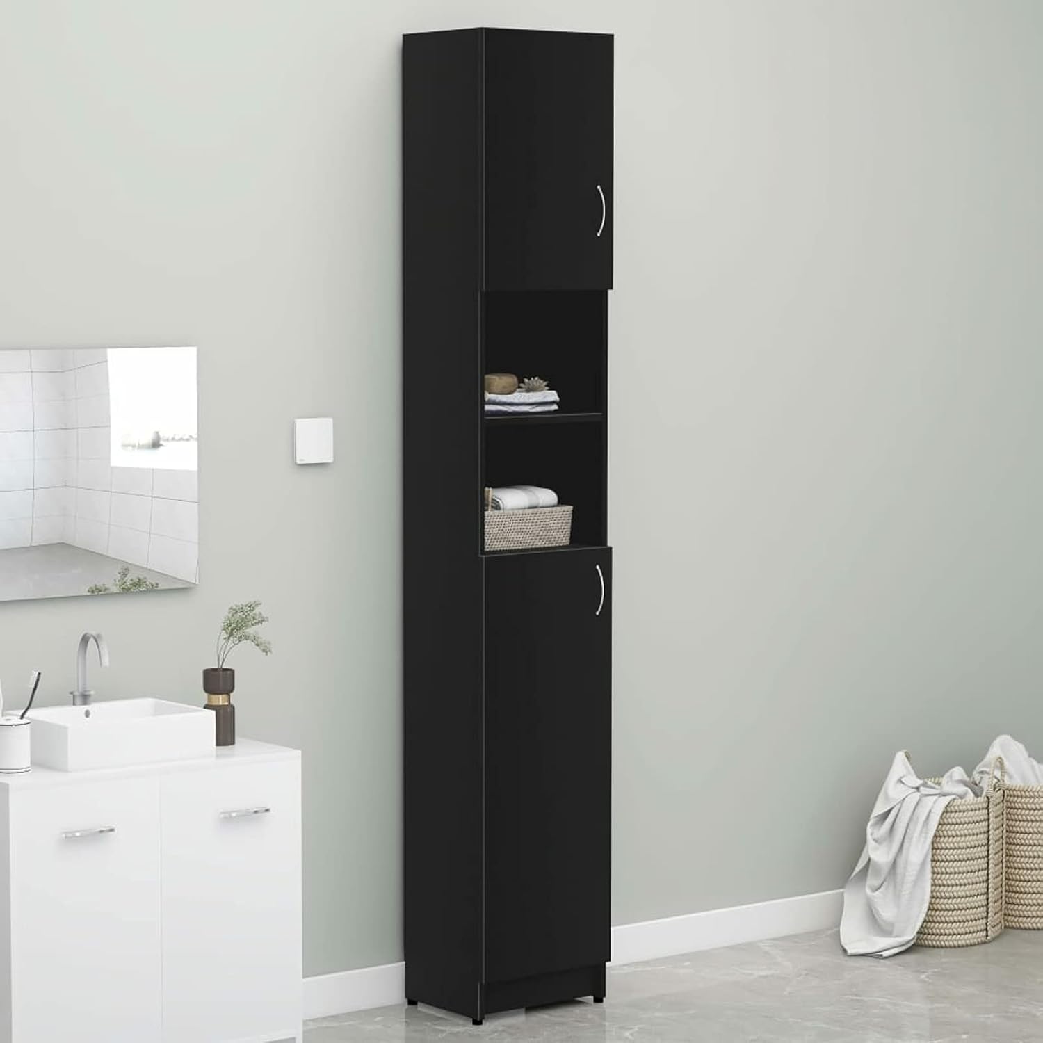 Tidyard Bathroom Cabinet with 2 Doors Cabinet and Shelves Chipboard Tall Storage Organizer Linen Tower Display Stand Black for Living Room, Bathroom Home Furniture 12.6 x 10 x 74.8 Inches (W x D x H)