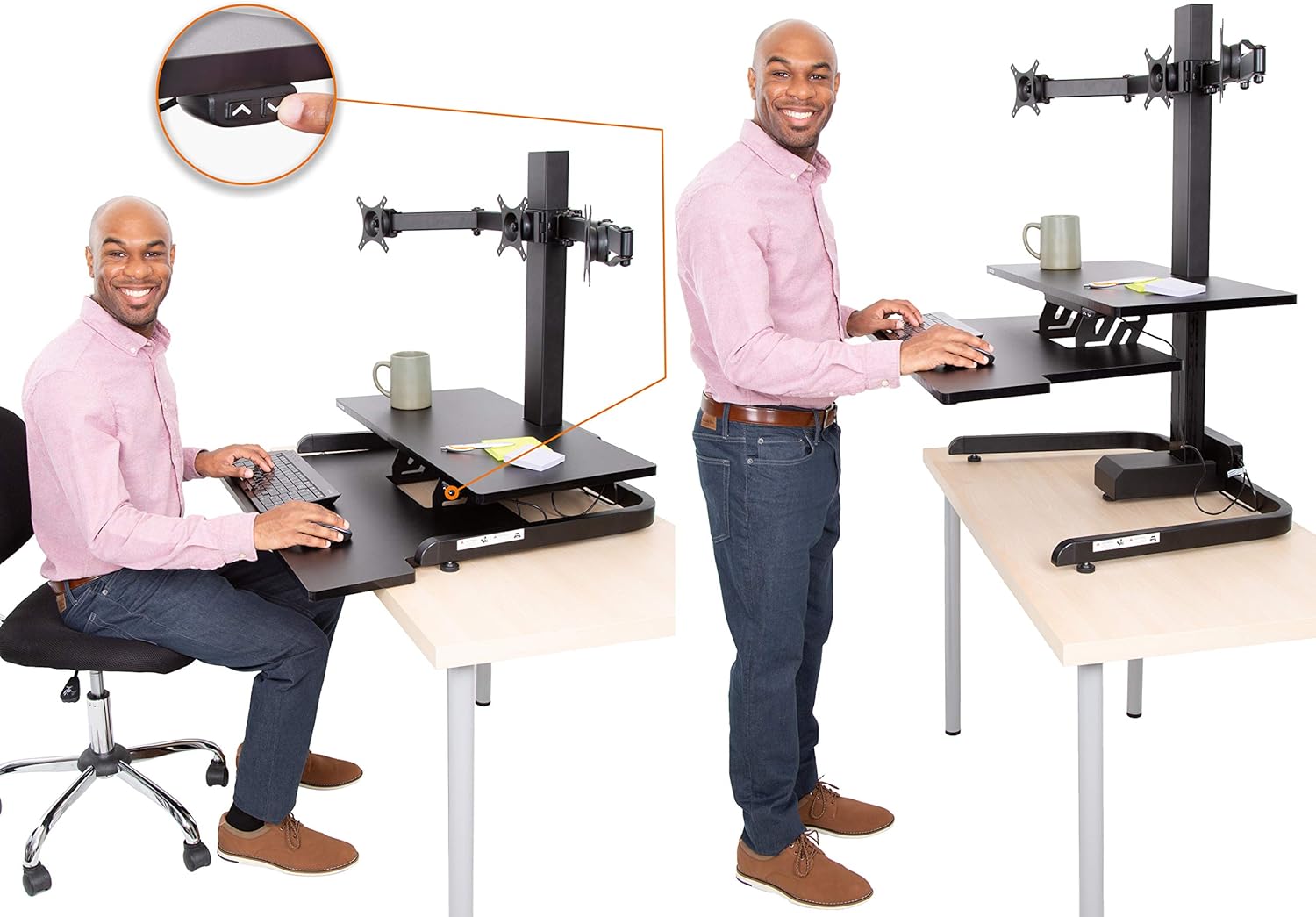 Stand Steady Techtonic | Electric 3 Arm Monitor Mount Standing Desk | Stand Up Desk Converter with Keyboard Tray Supports 3 Screens | Easy & Quiet Sit to Stand with the Push of a Button! (Black)