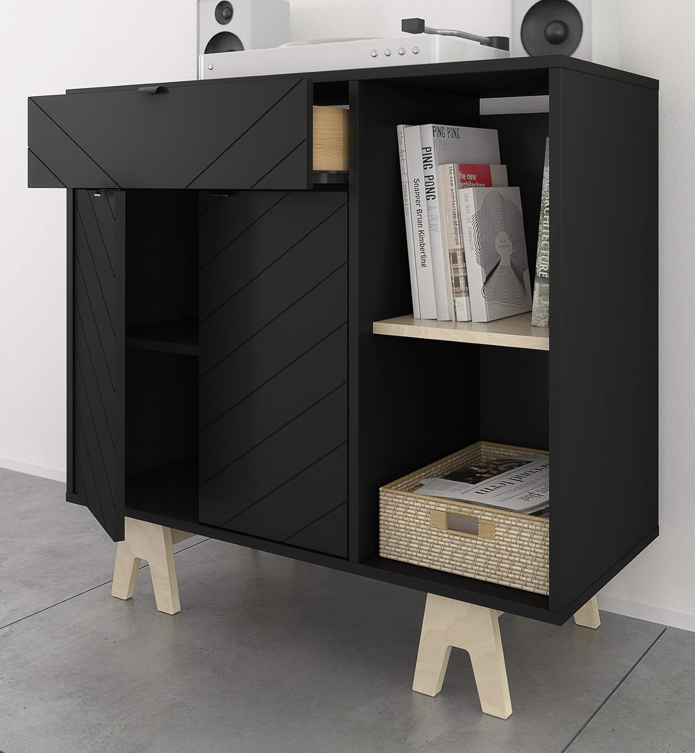 Nexera Gossip Sideboard with Accent Doors, Russian Birch Plywood, 35.75'', Black and Beige