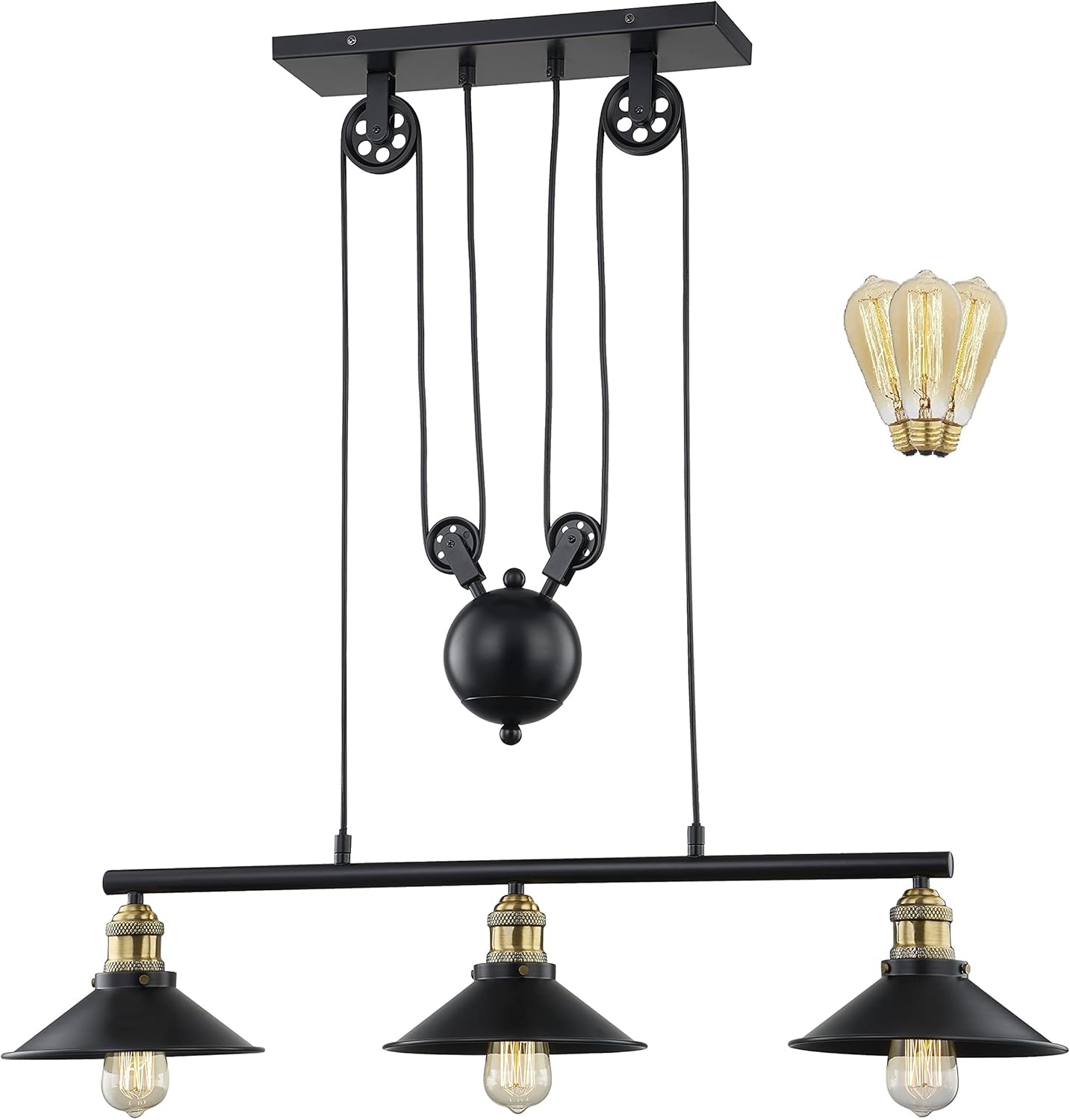 WOXXX Three-Light Pulley Pendant Light, Industrial Farmhouse Chandelier Modern Pendant Lighting Adjustable Rustic Vintage Ceiling Lights Fixture for Kitchen Island Dining Room Foyer Black