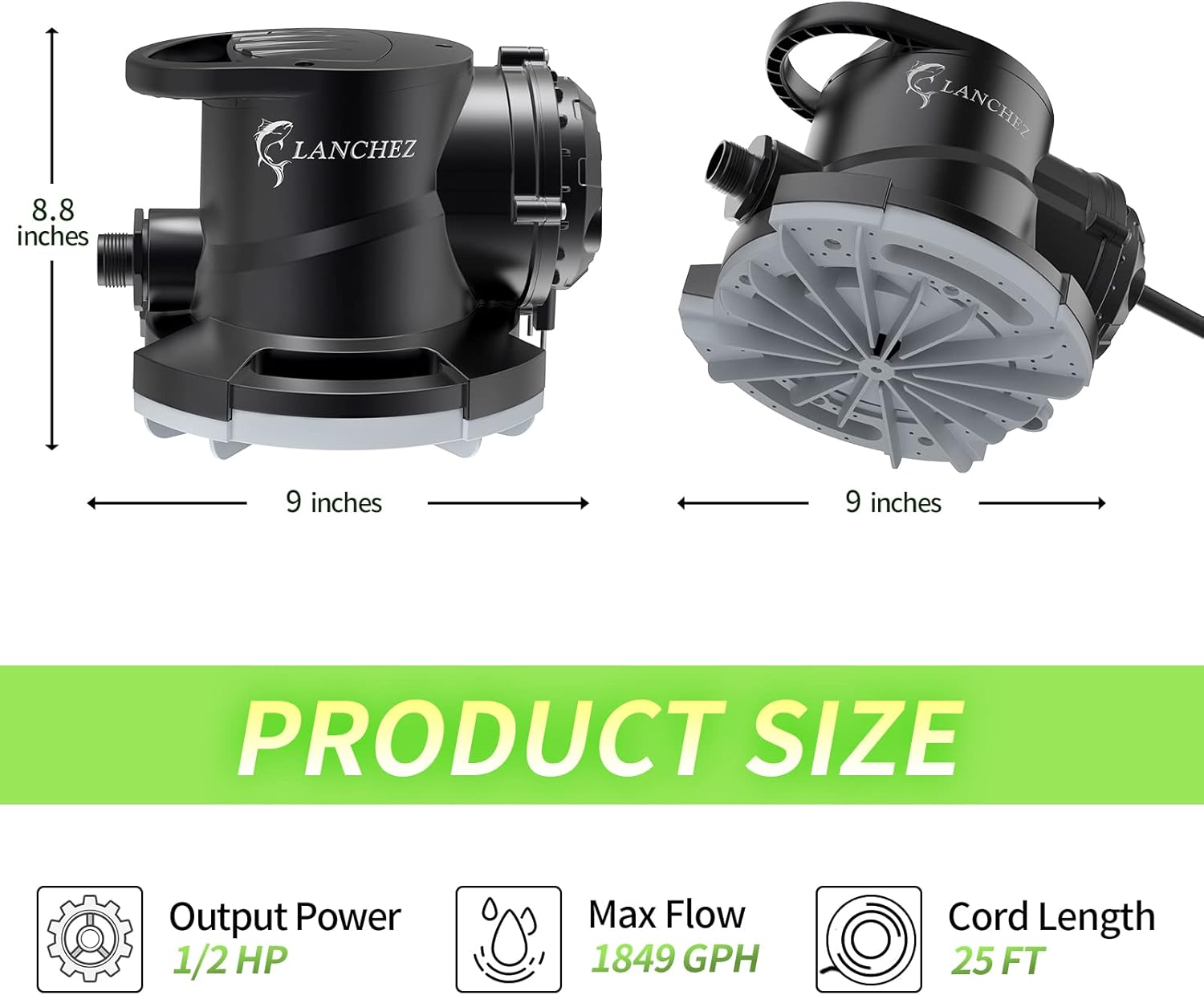 Lanchez Pool Cover Pump, Submersible Pump 1849 GPH 1/2 HP, Portable Automatic Transfer Water Pump for Fast Water Removal, Utility Pump Drain Pump Garden Hose Adapter & Water Sensor Automatic Switch Pack of 2