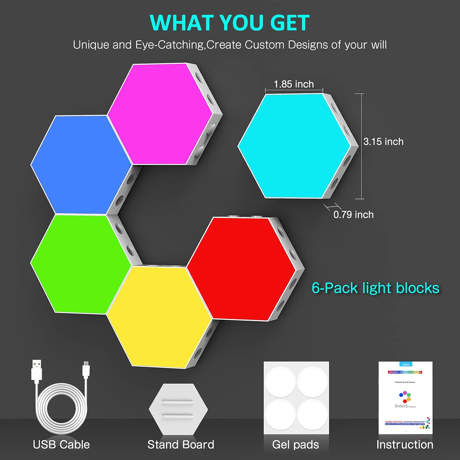 Hexagon Wall Lights，UooEA Smart Wall-Mounted Touch-Sensitive DIY Geometric Modular Assembled RGB led Colorful Light with USB-Power,Suitable for Bedroom,Living Room Decoration Best Gift (6-Pack)