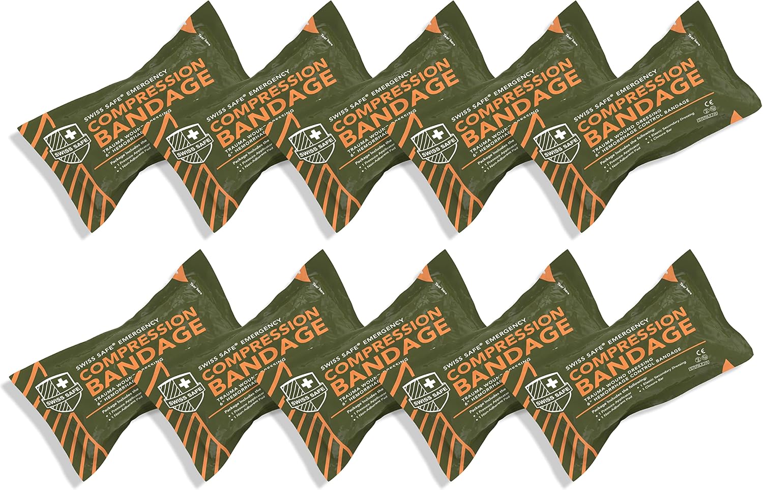 Swiss Safe Israeli Sterile Compression Bandage, for Emergency Wound Dressing, First Aid and Trauma Kit, 6 inch, 10 Pack