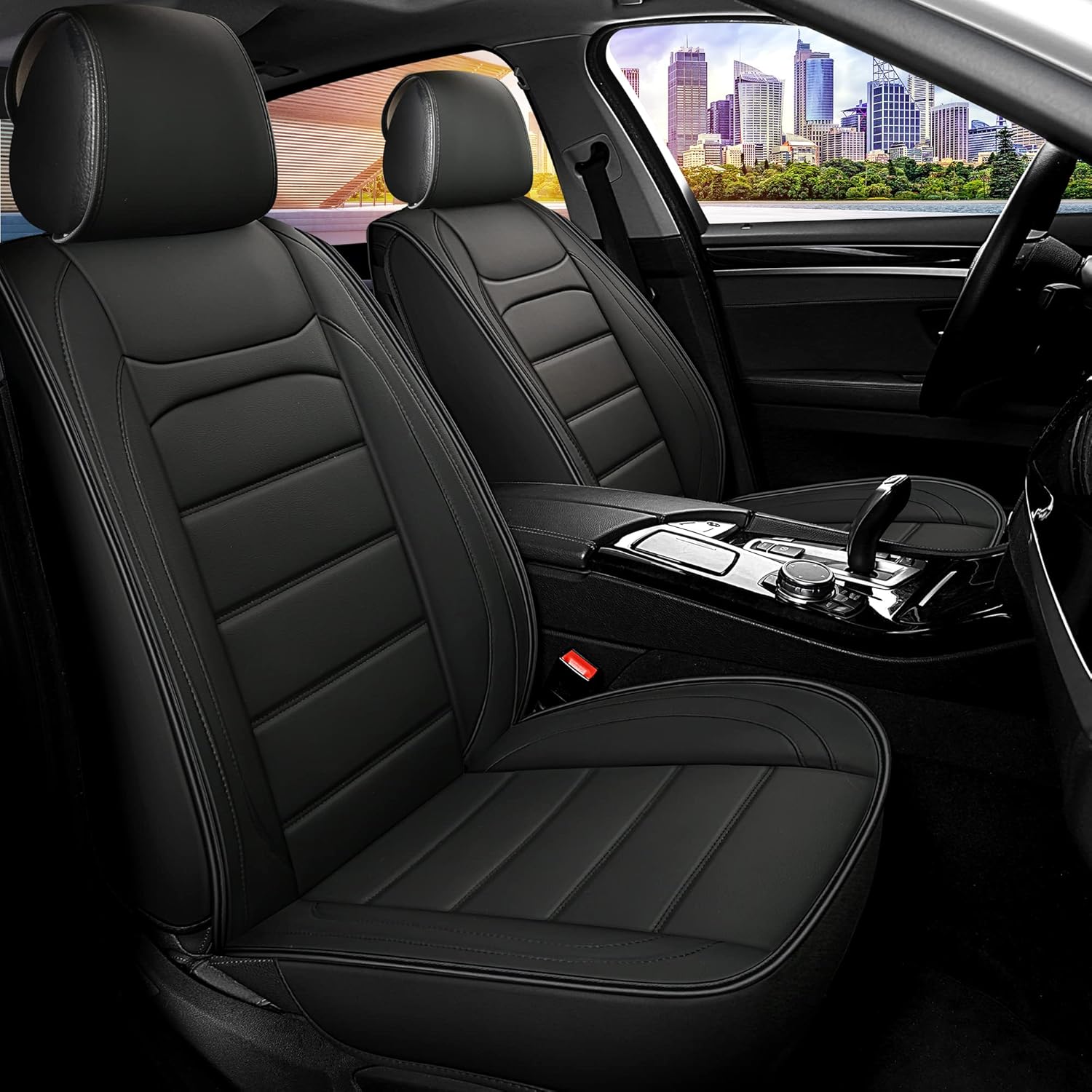 Sanwom Leather Car Seat Covers 2 PCS Front, Universal Automotive Vehicle Seat Covers, Waterproof Vehicle Seat Covers for Most Sedan SUV Pick-up Truck, Black