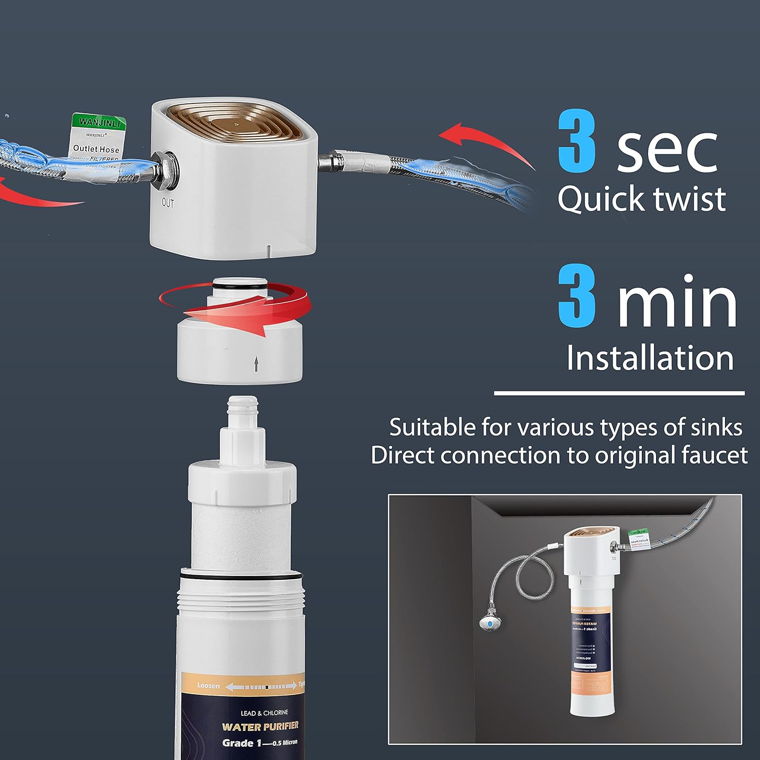 Under Sink Water Filter System NSF/ANSI Certified Water Filtration System with Faucet High Capacity Direct Connect Under Counter Drinking Water Filter Reduces 99.99% Lead Chlorine & Odor