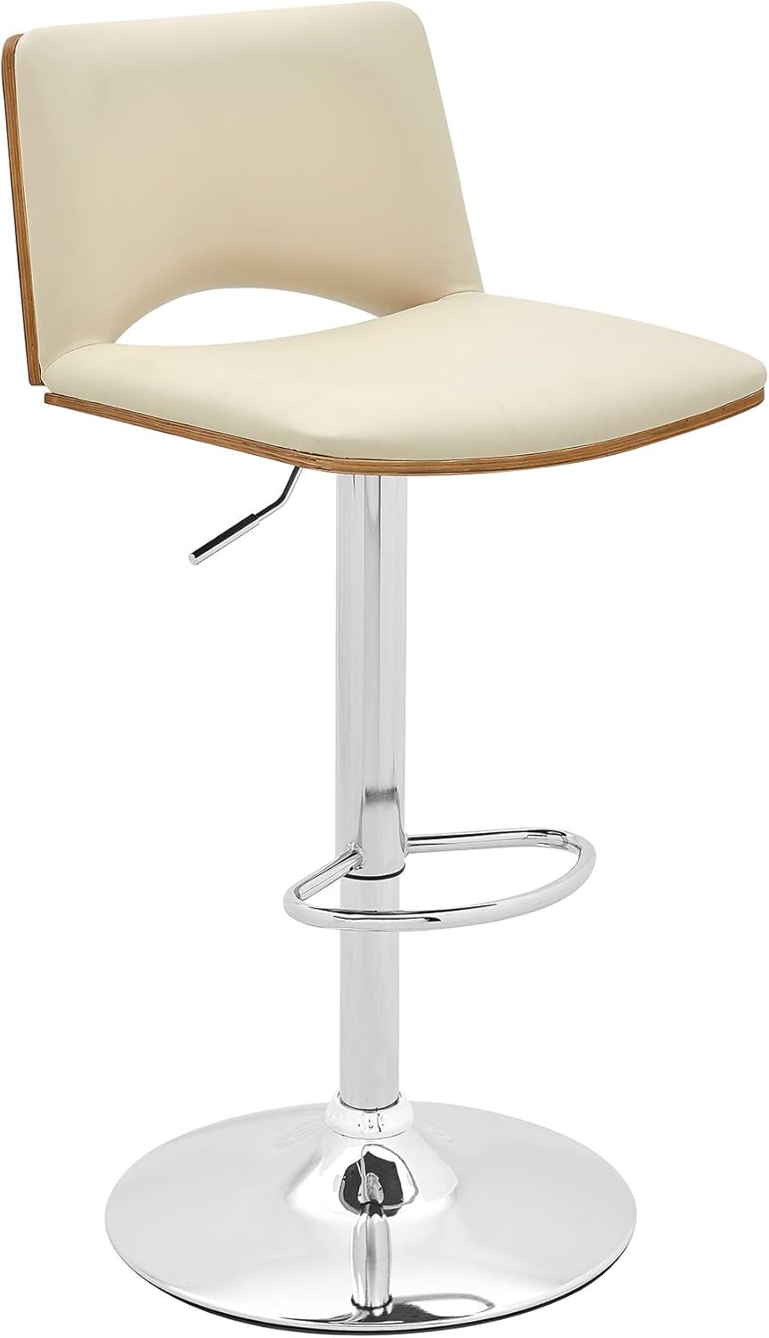 Armen Living Thierry Adjustable Swivel Cream Faux Leather with Walnut Back and Chrome Bar Stool