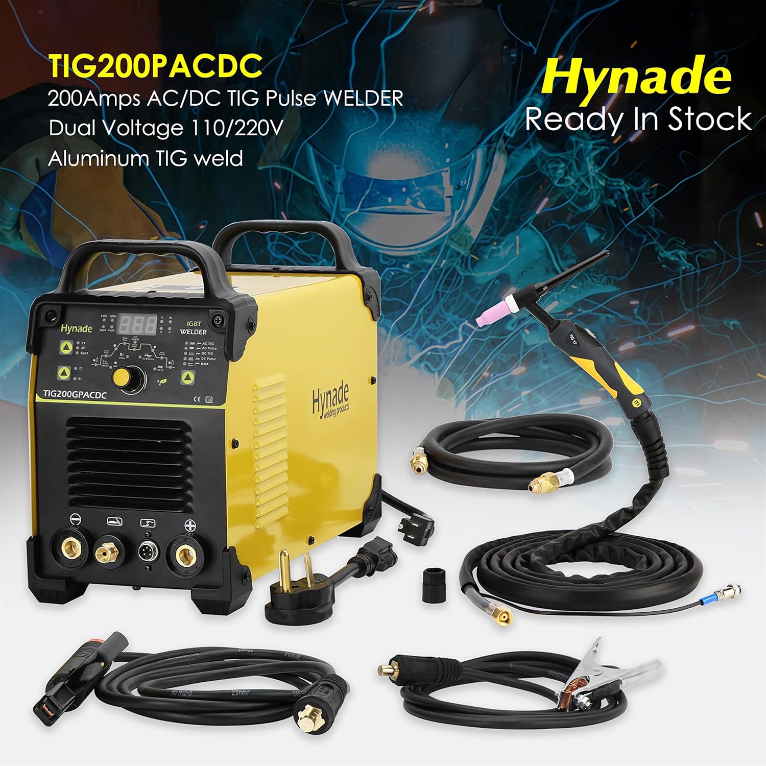 Hynade Tig welder TIG200PACDC 200 Amp AC/DC Tig Welder/Arc/Spot Welder with Pulse AC/DC, Digital Inverter Dual Voltage 110/220V Aluminum Tig Welding Machine