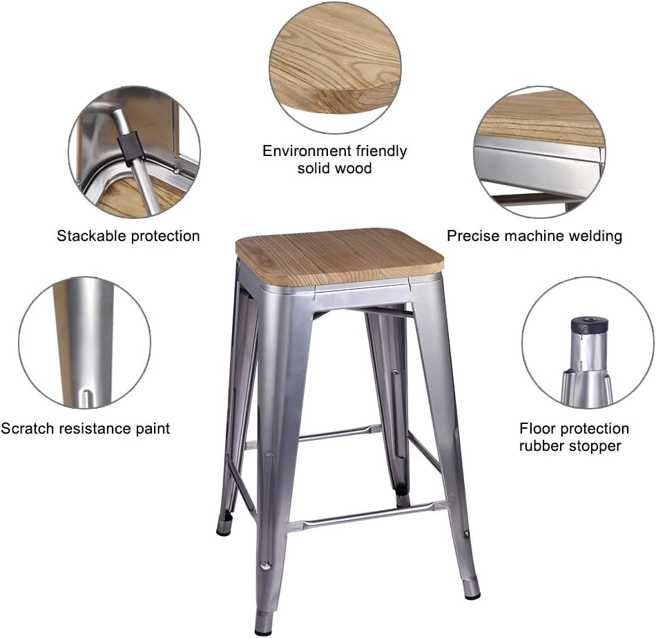 GIA 24-Inch Counter Height Backless Metal Stool with Light Wood Seat, Silver, Set of 3