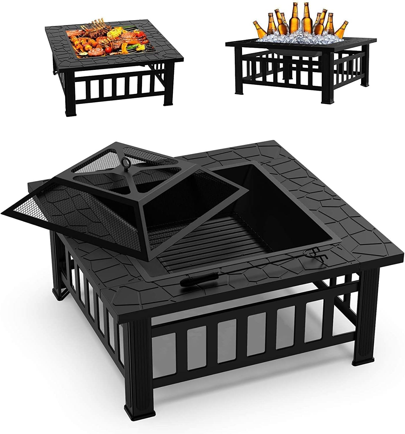 Fire Pit for Outside Outdoor Fire Pit Wood Burning, Square Metal Patio Fire Pits Table with Spark Screen Cover and Poker, Backyard Garden Fireplace for Camping, Outdoor Heating, Bonfire and Picnic