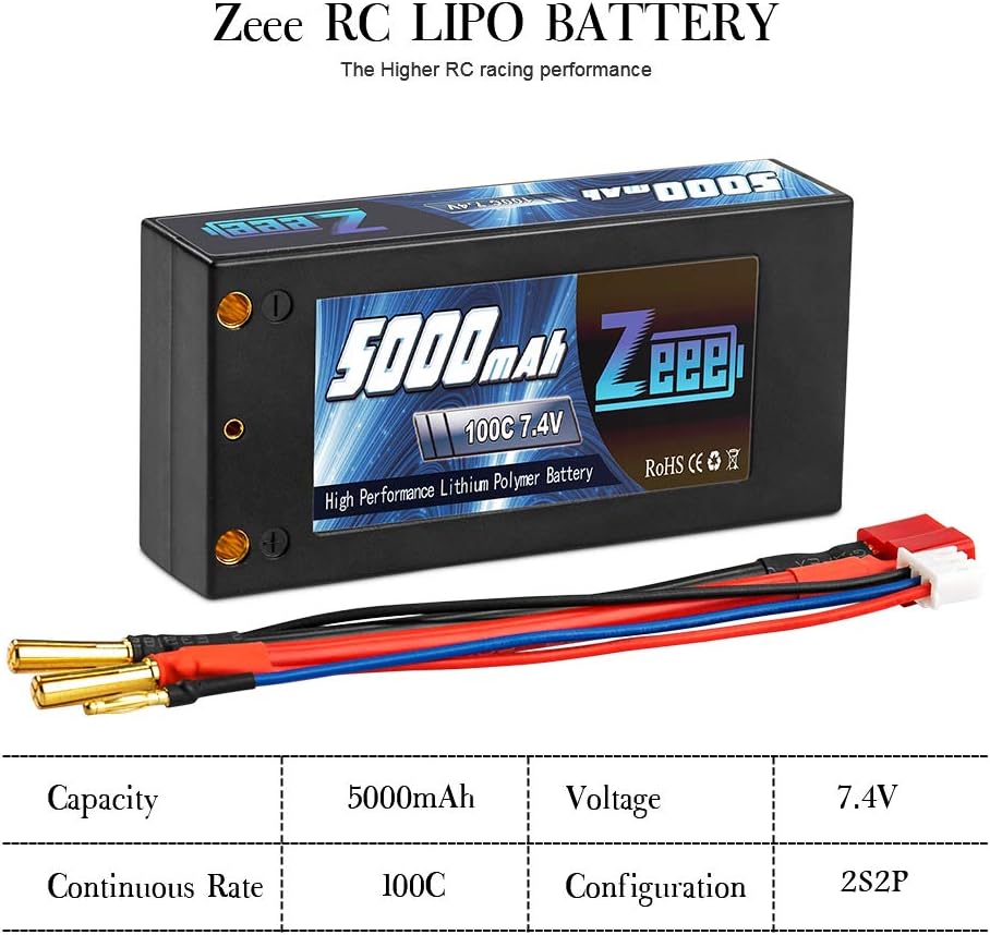 Zeee 2S 7.4V Shorty Lipo Battery 100C 5000mAh Hard Case Battery with 4mm Bullet to Deans Connector for RC 1/10 Scale Vehicles Car Trucks Boats RC Models(2 Pack)