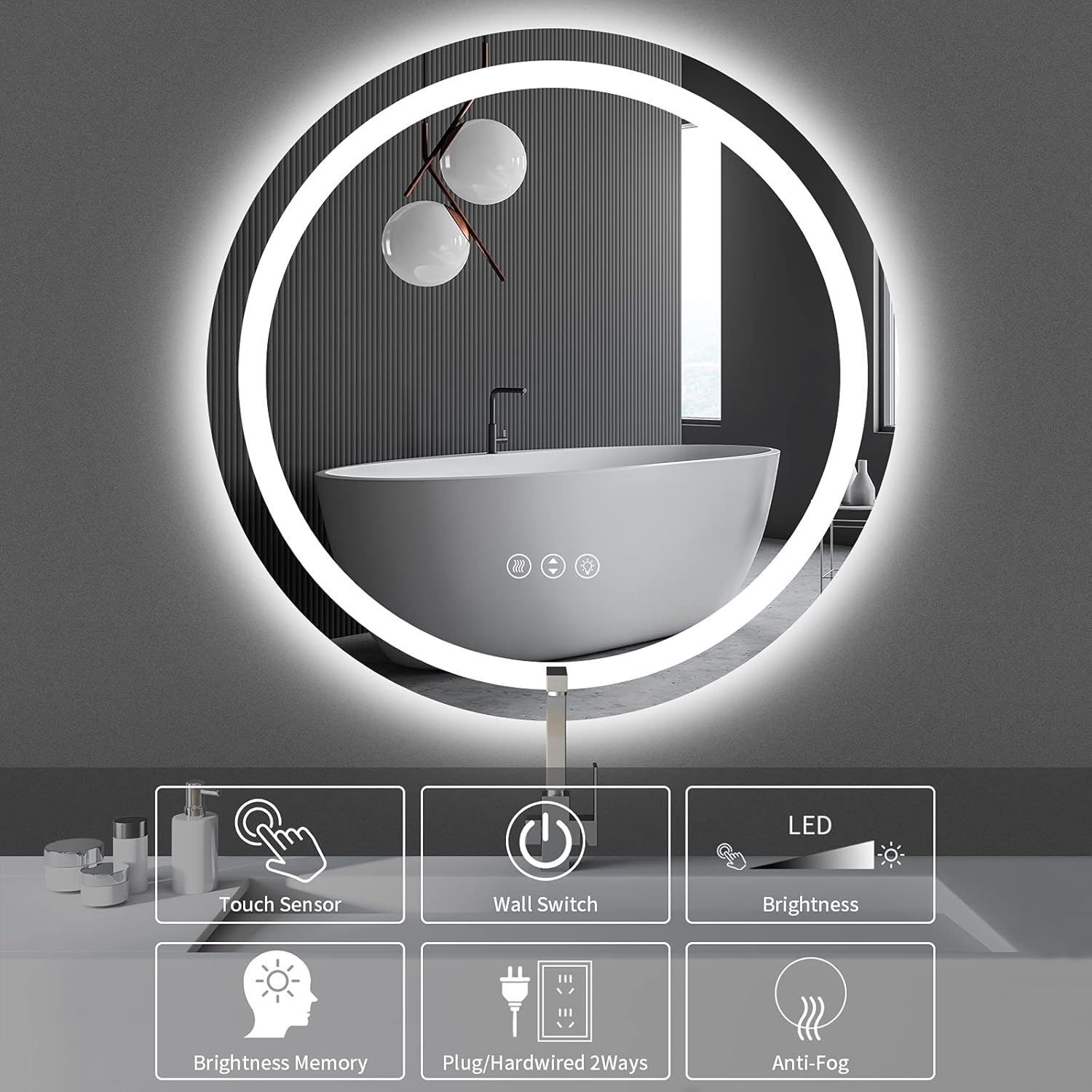 ISTRIPMF 32 Inch Round LED Bathroom Mirror with Light Anti-Fog Shatter-Proof Dimmable, Memory, CRI90 led Mirror for Bathroom (Backlit+Front-Lighted)
