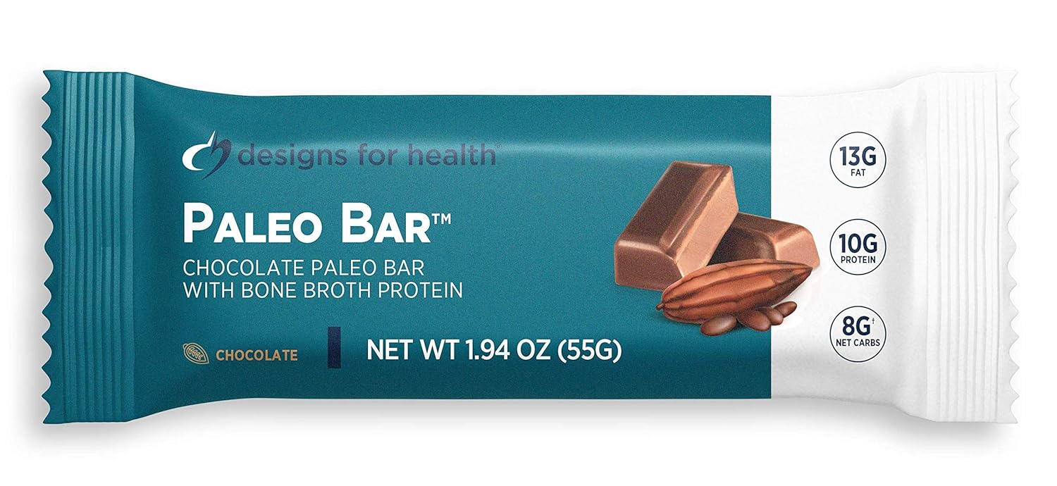 Designs for Health Paleo Bar - Paleo Nutrition Bar with 8g Net Carbs + 10g Protein from Bone Broth Isolate, Hemp + Pumpkin Seed - Dairy-Free + Gluten-Free, Chocolate Flavor (12 Bars) Pack of 2