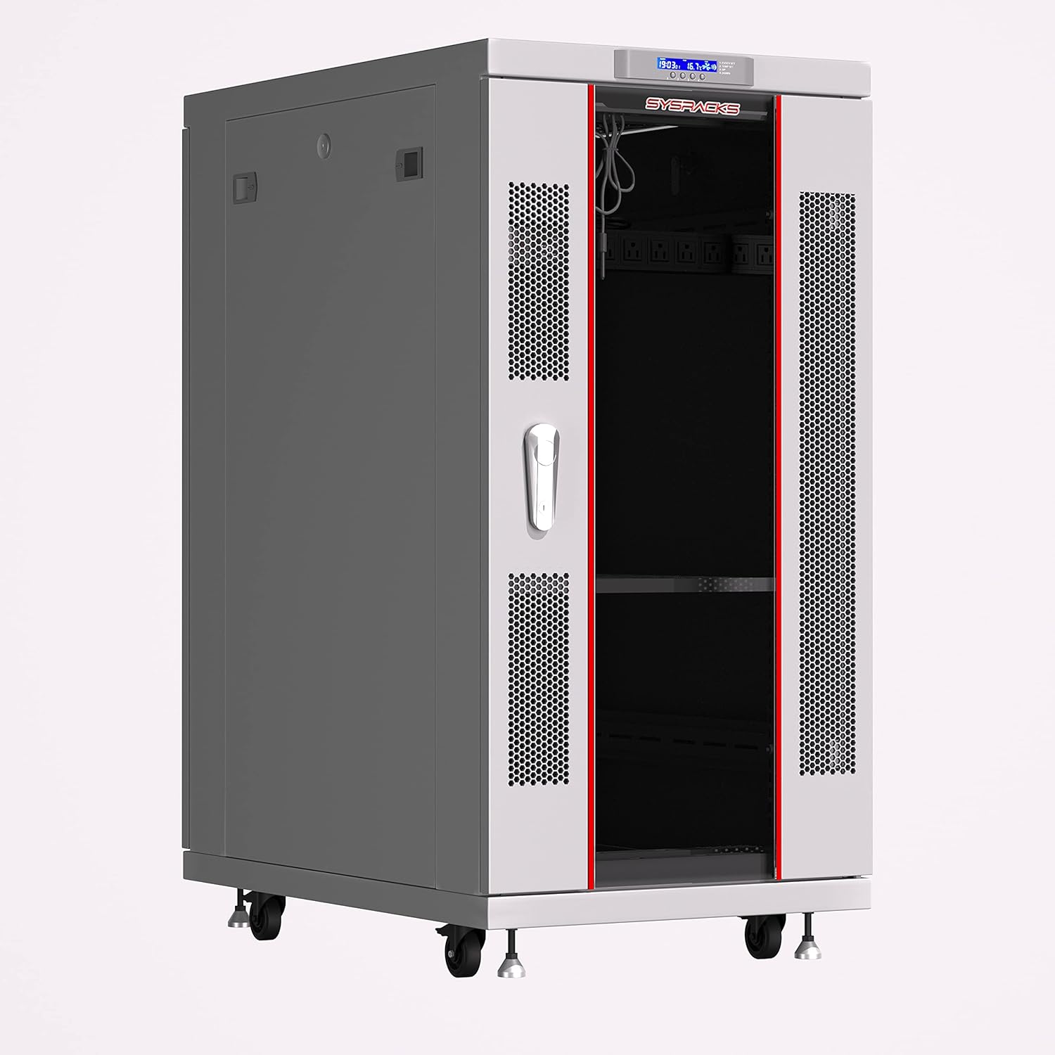 Sysracks 22U 35 Inch Deep Grey White Server Rack IT Network Data Rack Cabinet Enclosure Fully Lockable on Wheels - LCD Screen - Ventilation System - PDU - Glass Door - Rich Accessories Kit