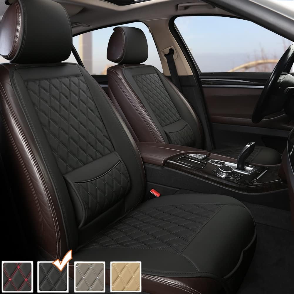 Black Panther 1 Piece Luxury PU Leather Front Car Seat Cover Protector Pad with Lumbar Support, Universal Fit 95% Vehicles - Black + Red Line